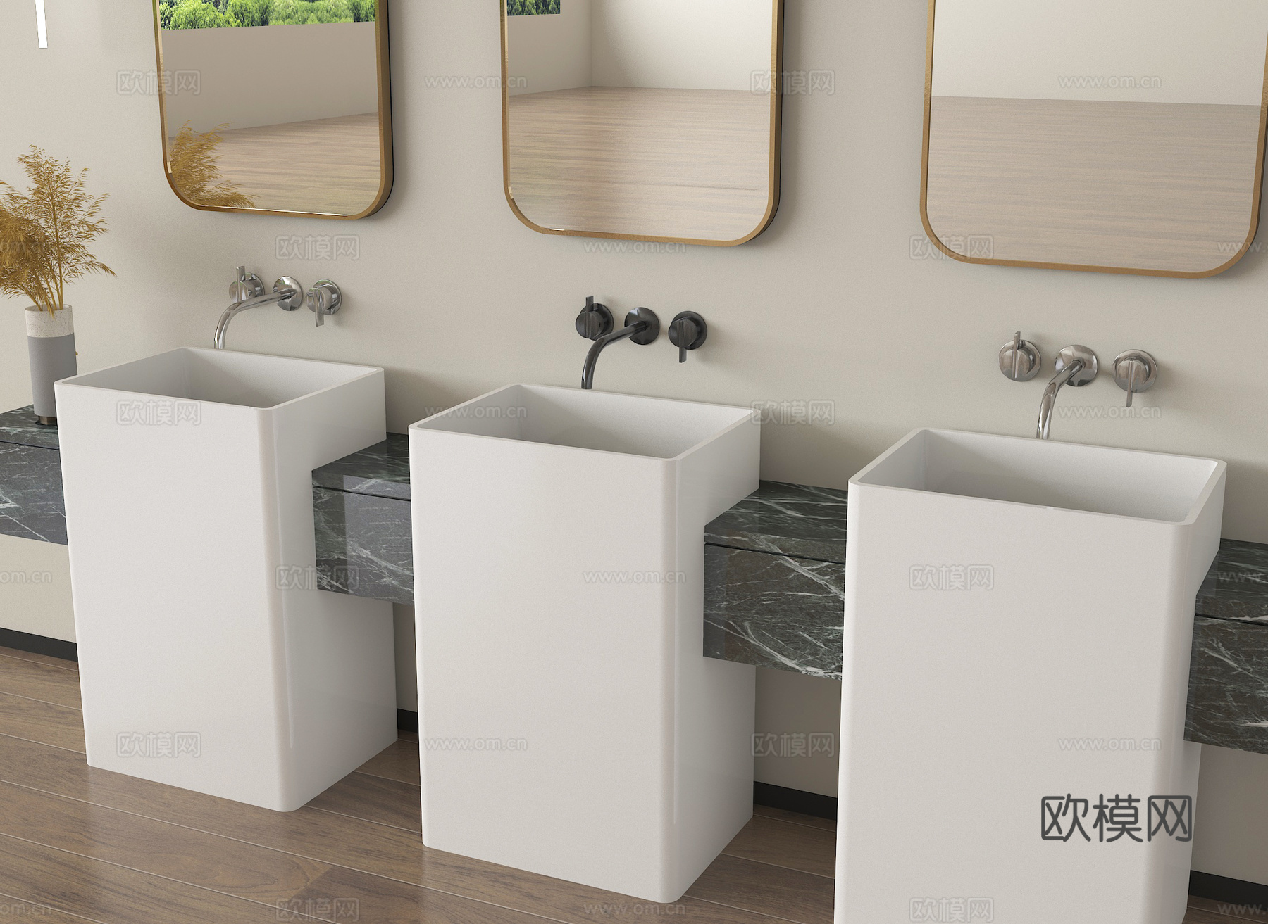 现代洗手台 立柱洗手盆 水龙头 镜子su模型