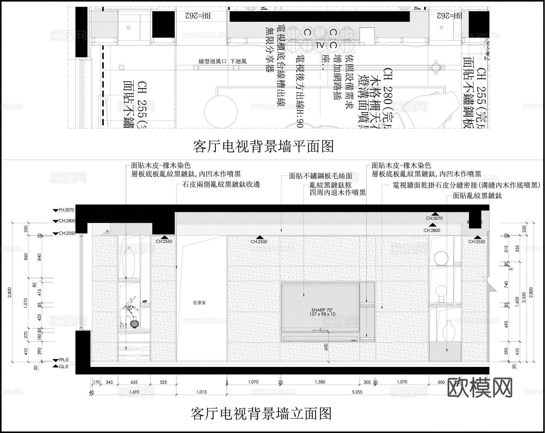 客厅背景墙 电视背景墙 石材墙面 背景墙节点图cad施工图