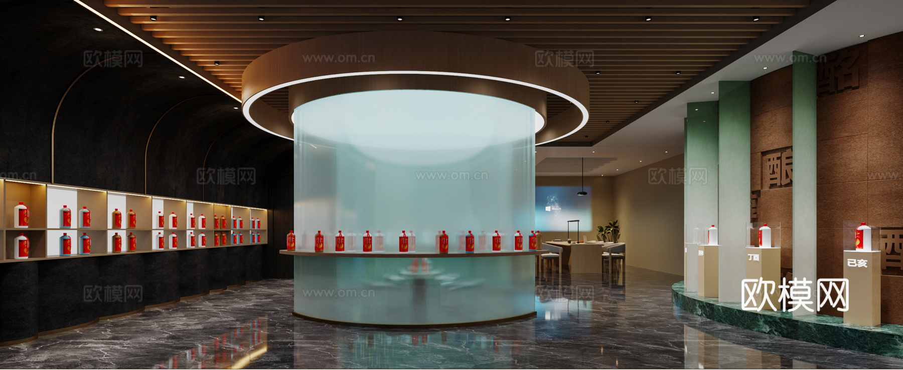 新中式白酒展厅 白酒文化长廊 白酒品尝区 轻奢白酒展厅 茅台3d模型下载（渲染图2）