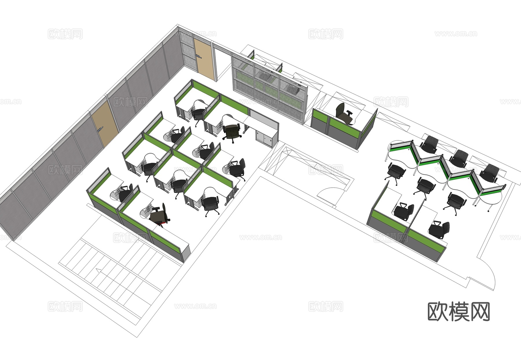 办公工位 文件柜 办公家具 工位 办公室 屏风工位su模型