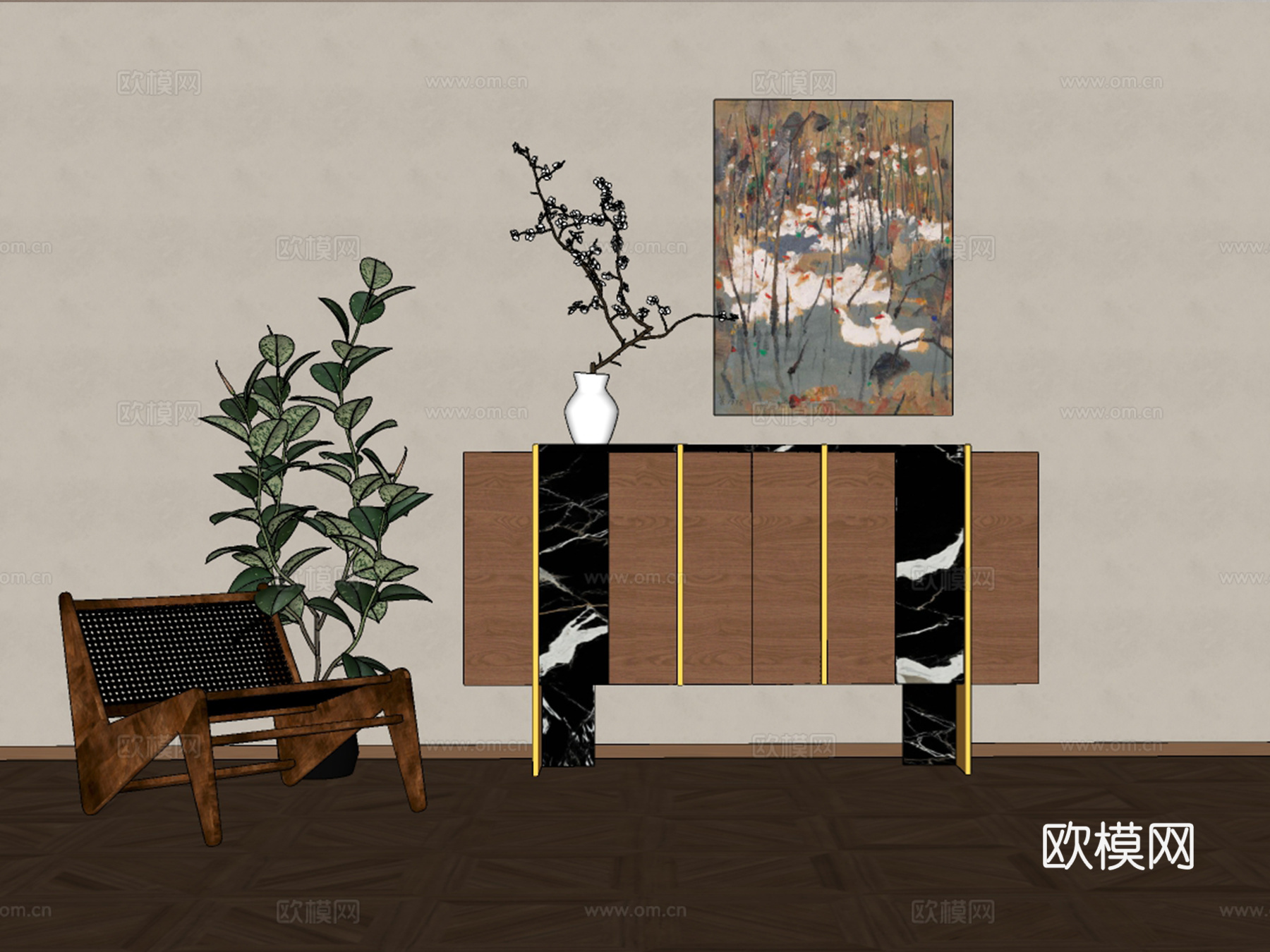 中古风边柜玄关柜su模型