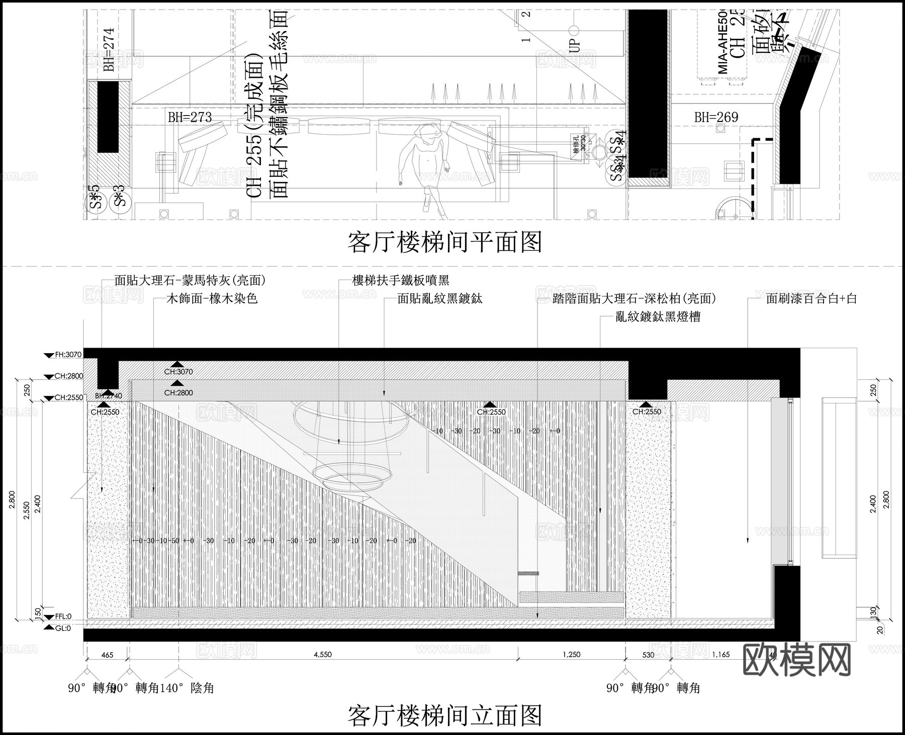 转角楼梯 客厅楼梯  楼梯间立面图cad施工图
