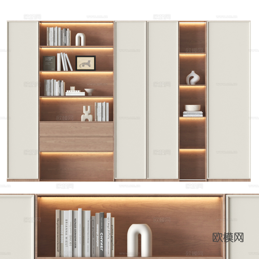 现代书柜 组合书柜 书房书柜 满墙书柜 中古风书柜3d模型下载