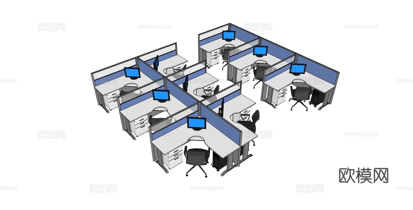办公工位 办公班台 办公家具 工位 办公室 屏风工位su模型