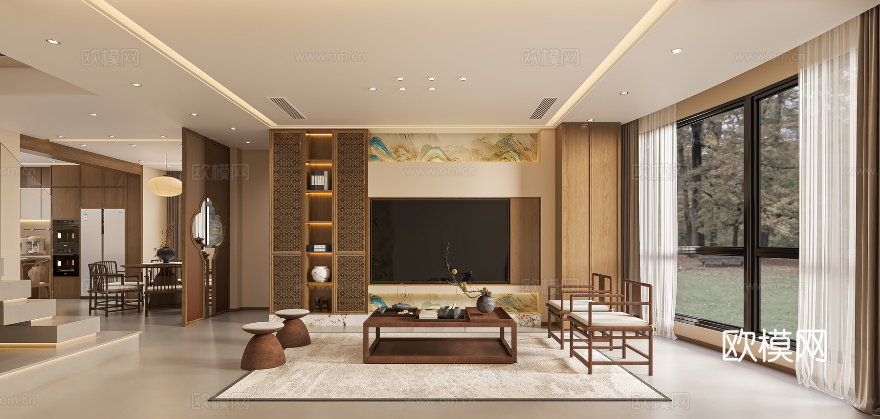宋氏新中式客餐厅3d模型下载（渲染图1）