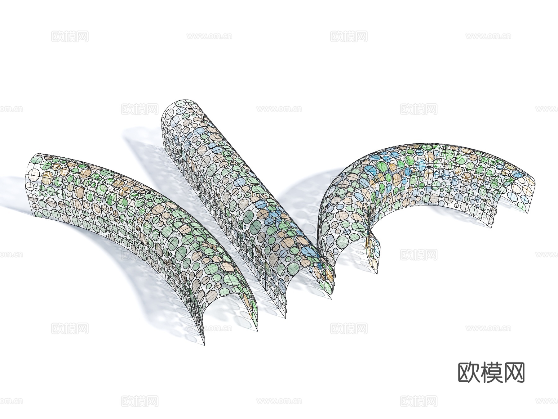 现代廊架 景观廊架 彩色玻璃廊架 公园廊架 连廊 景观过道su模型