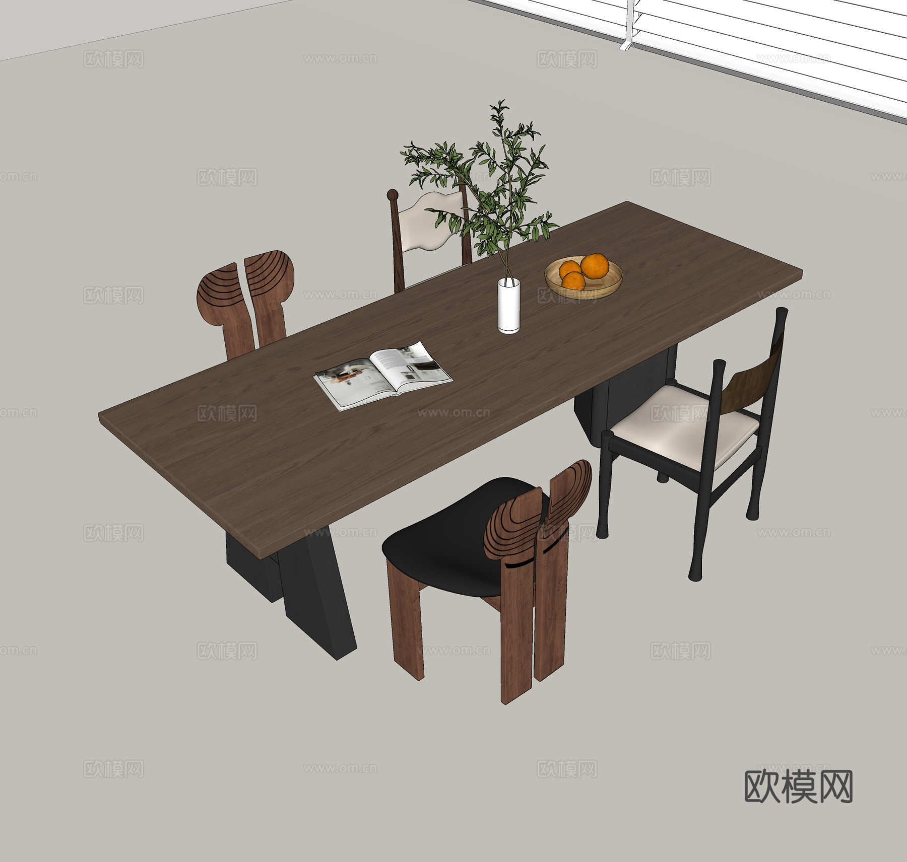 餐桌椅组合 长形餐桌 实木餐桌 餐椅su模型