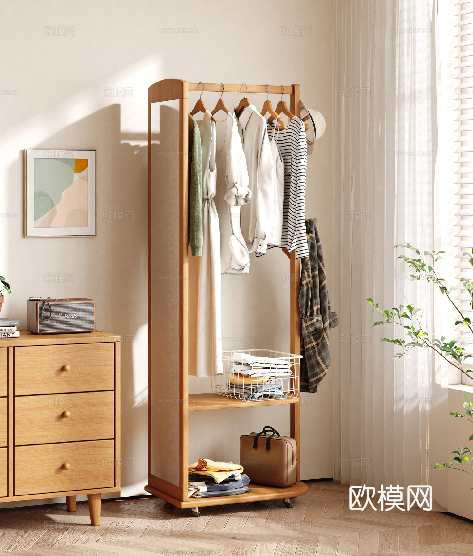 实木移动全身镜  落地镜穿衣镜 挂衣架衣帽架3d模型下载（渲染图1）