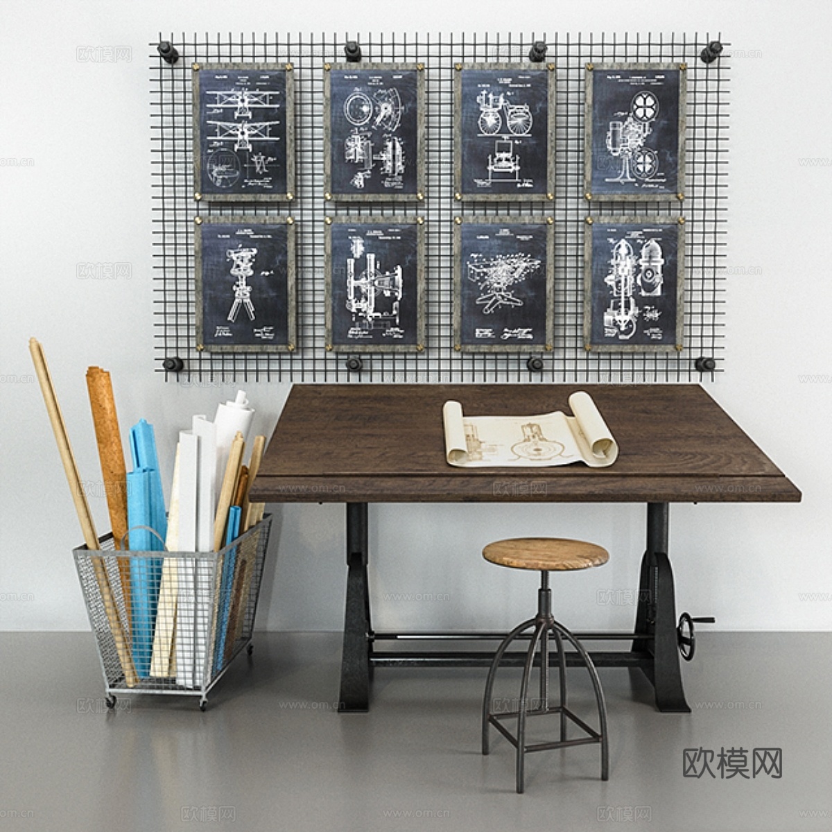 1910年美式三角支架绘图桌3d模型