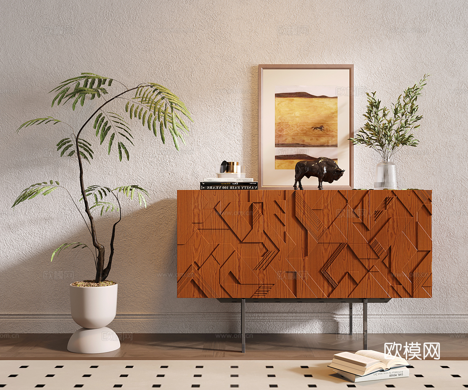 现代中古玄关柜 边柜 收纳储物柜 斗柜su模型