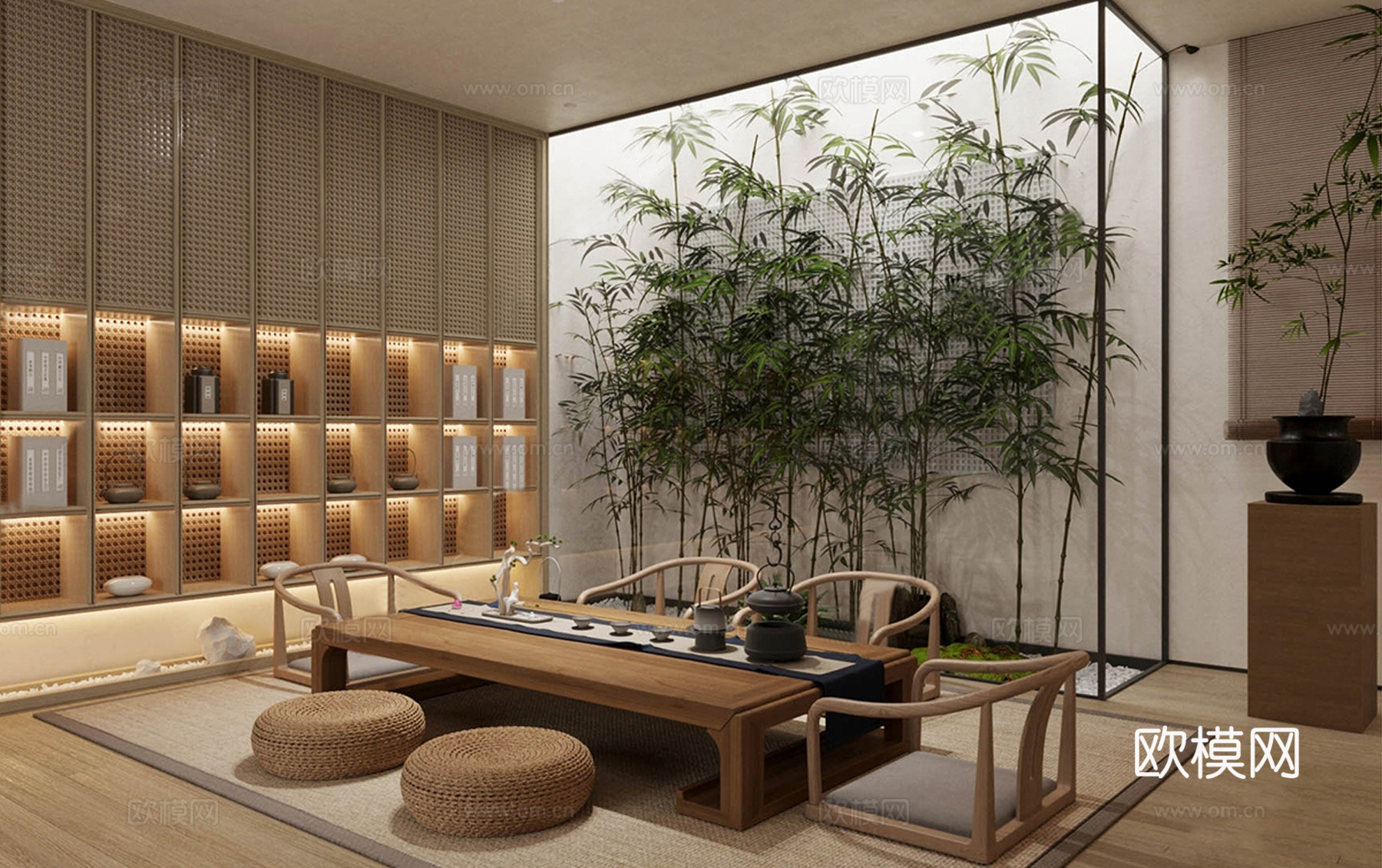 新中式茶室  茶柜 竹子 茶桌su模型