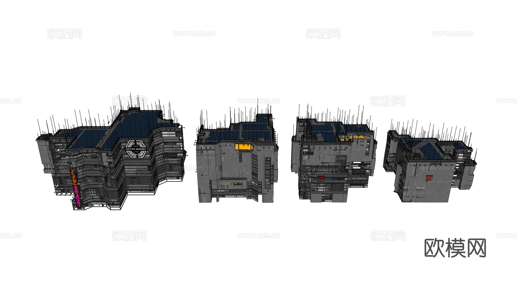 赛博朋克建筑 科幻建筑 商业街建筑 工业建筑 城市街道建筑su模型