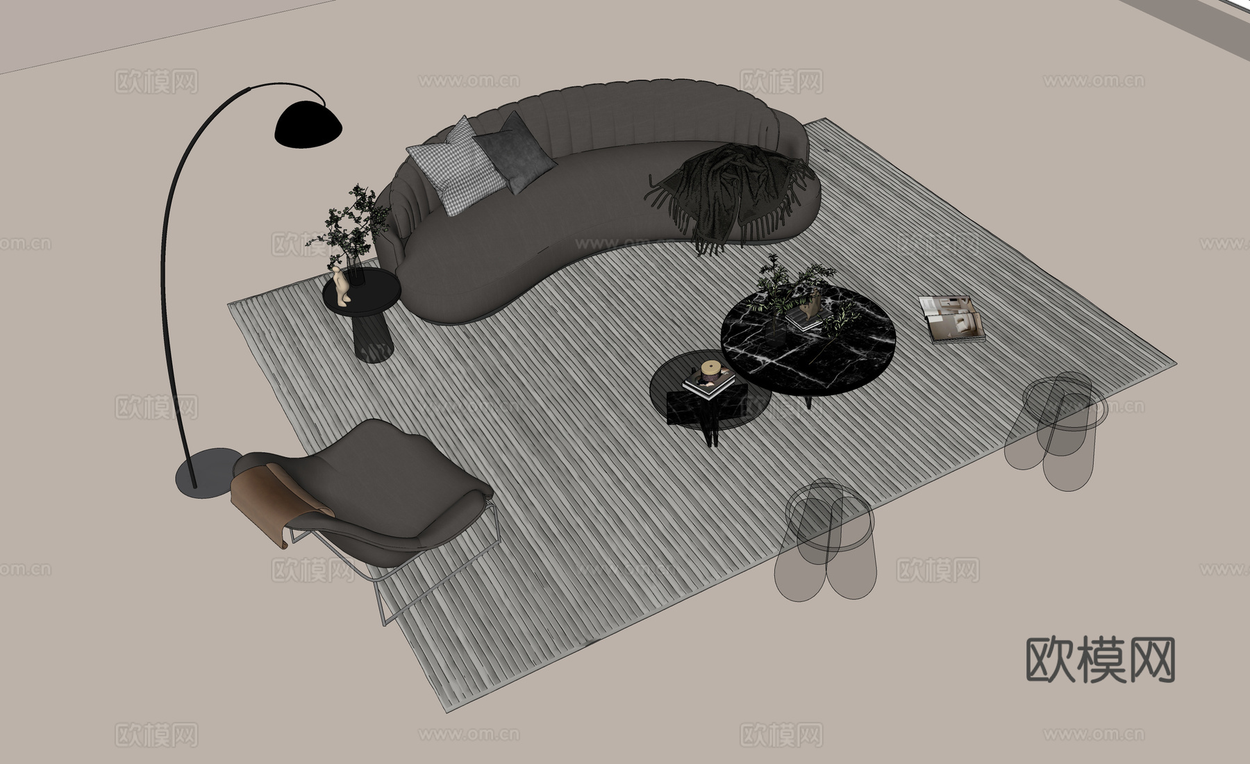 沙发组合 布艺沙发 豆腐块沙发 多人沙发 茶几su模型