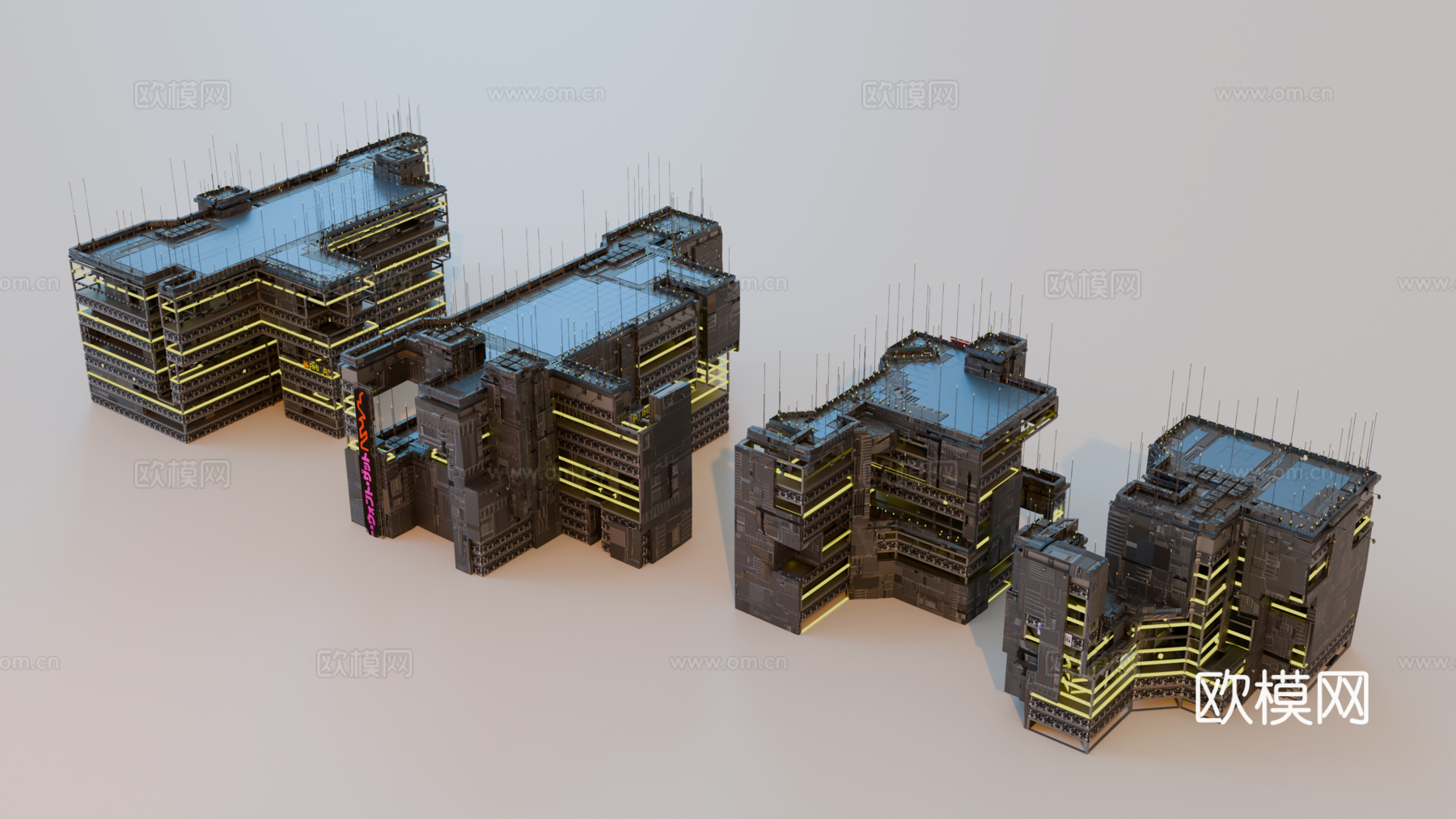 赛博朋克建筑 科幻建筑 商业街建筑 工业建筑 城市街道建筑su模型