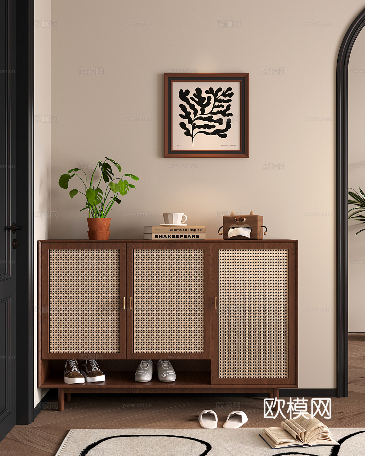 中古侘寂矮鞋柜 藤编鞋柜免费su模型
