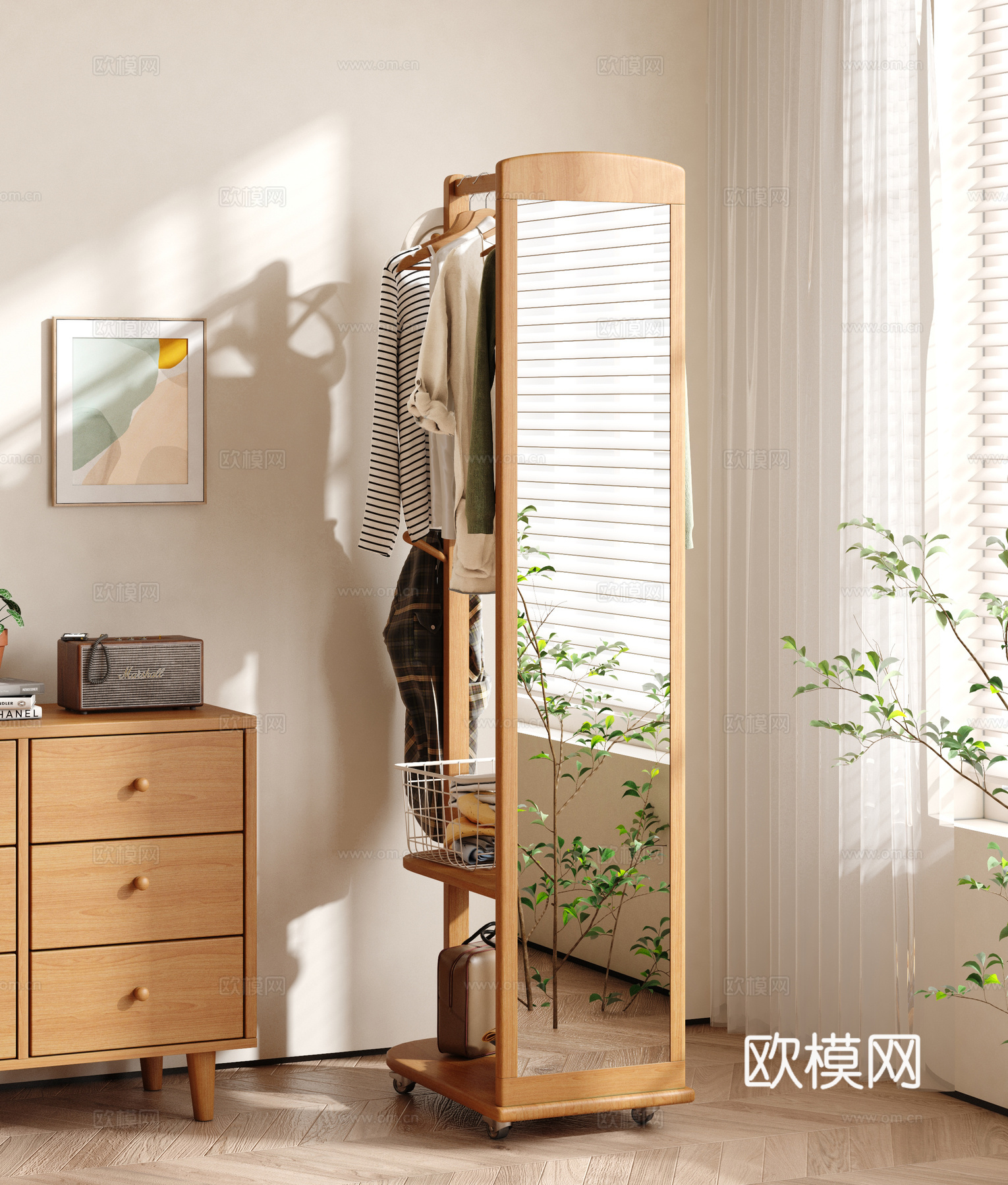 实木移动全身镜  落地镜穿衣镜 挂衣架衣帽架3d模型下载（渲染图2）