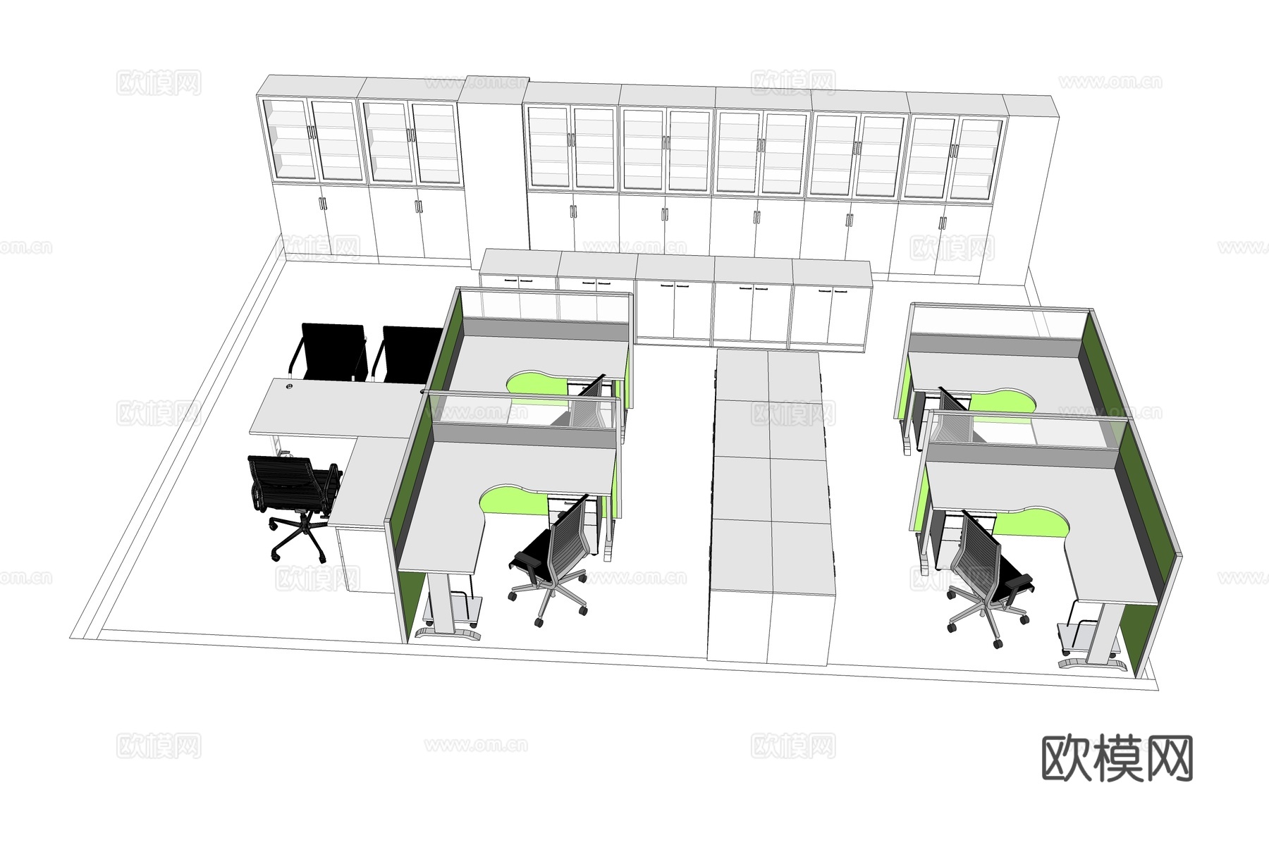办公工位 办公班台 办公家具 工位 办公室 屏风工位su模型下载