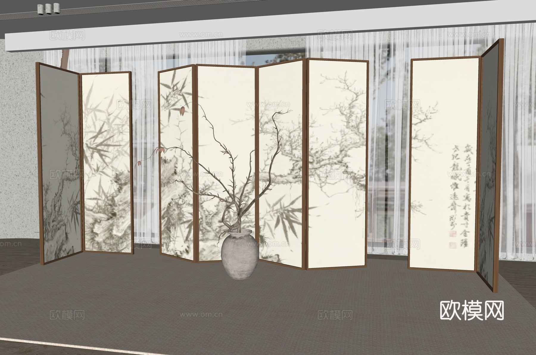 新中式屏风隔断su模型