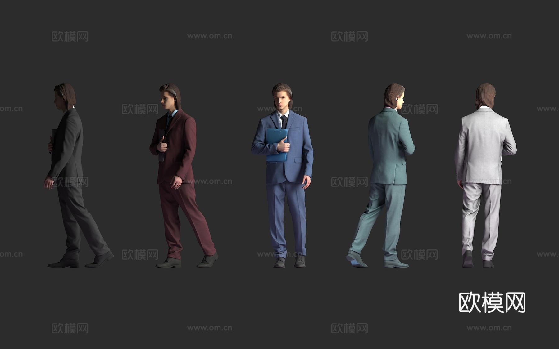 白人男性 商务职员 多色西装 手持文件夹 行走站姿 正装皮鞋3d模型下载