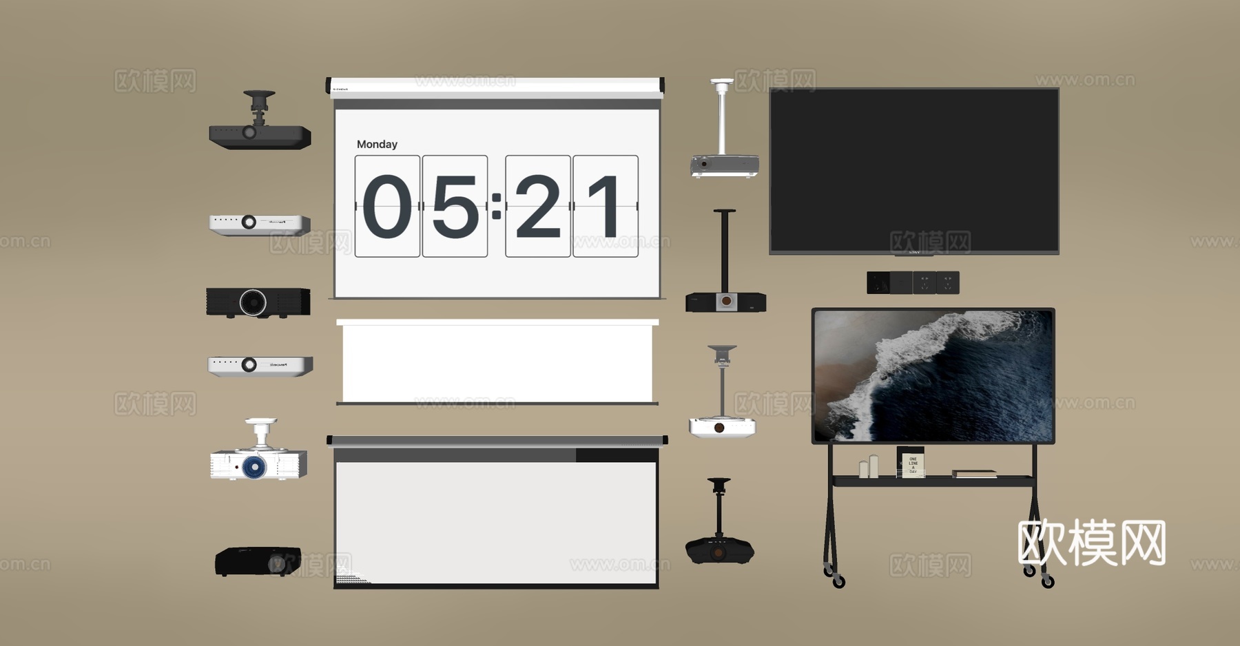 现代投影仪 投影设备 投影幕布 电视机 移动电视su模型下载（渲染图2）
