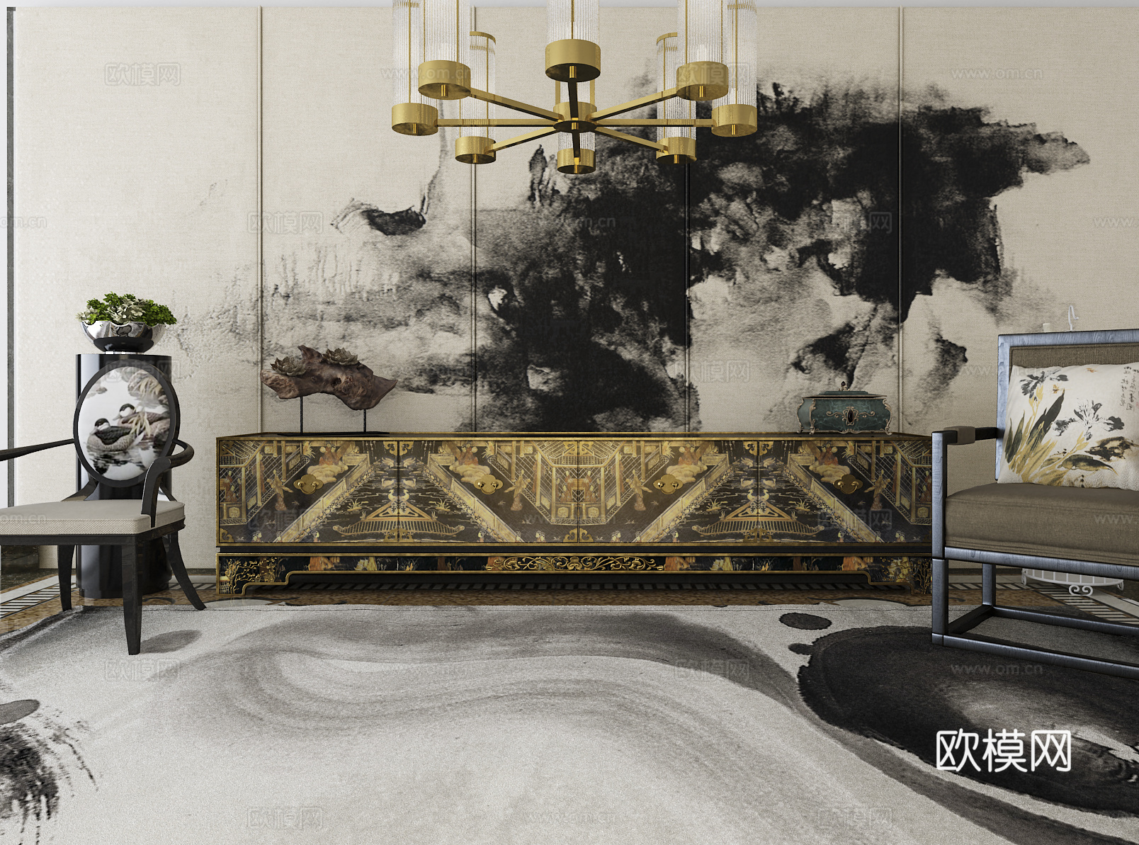 新中式电视柜单椅吊灯3d模型下载