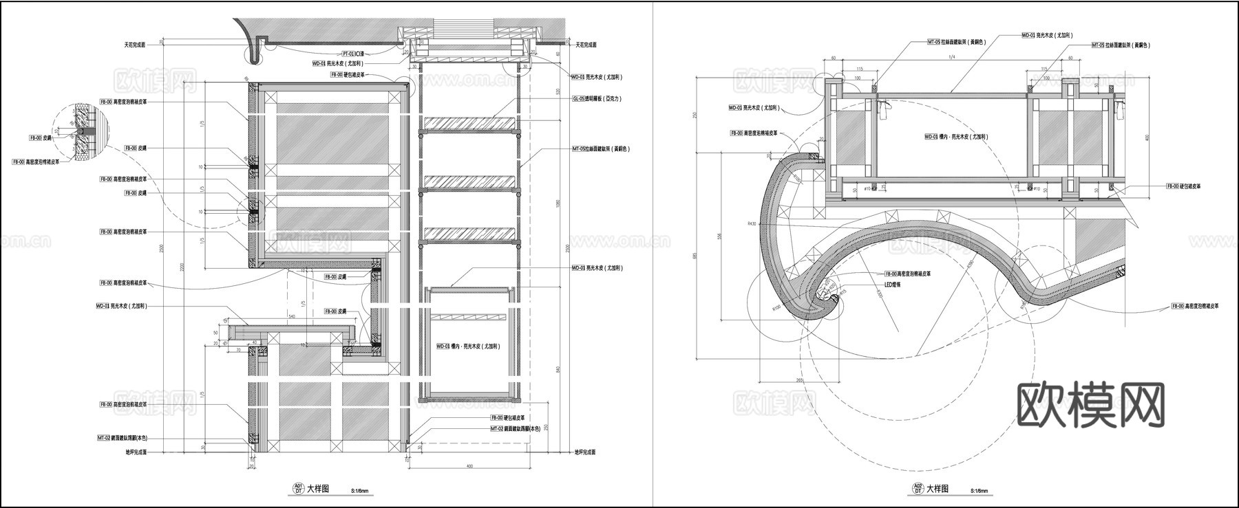 床头造型立面图 卧室背景墙 皮革异形背景墙 节点图cad施工图