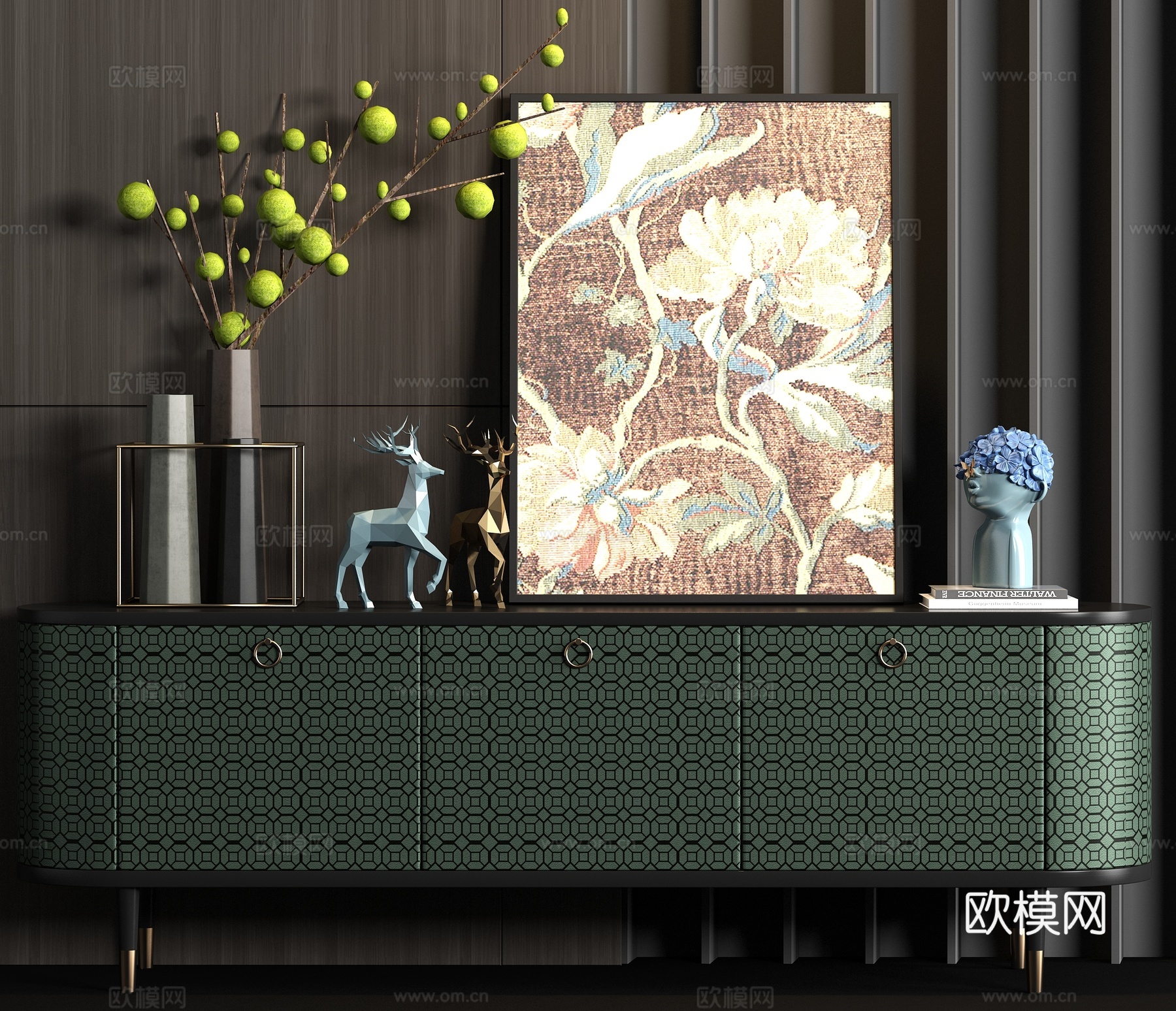 新中式皮革端景柜饰品组合3d模型下载