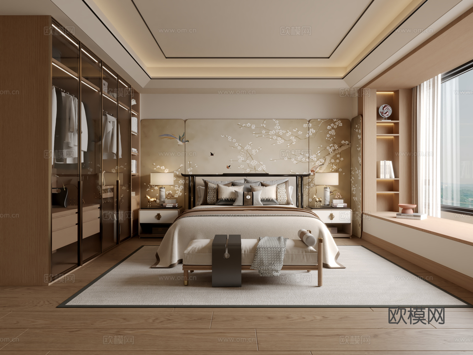 新中式卧室3d模型下载（渲染图1）