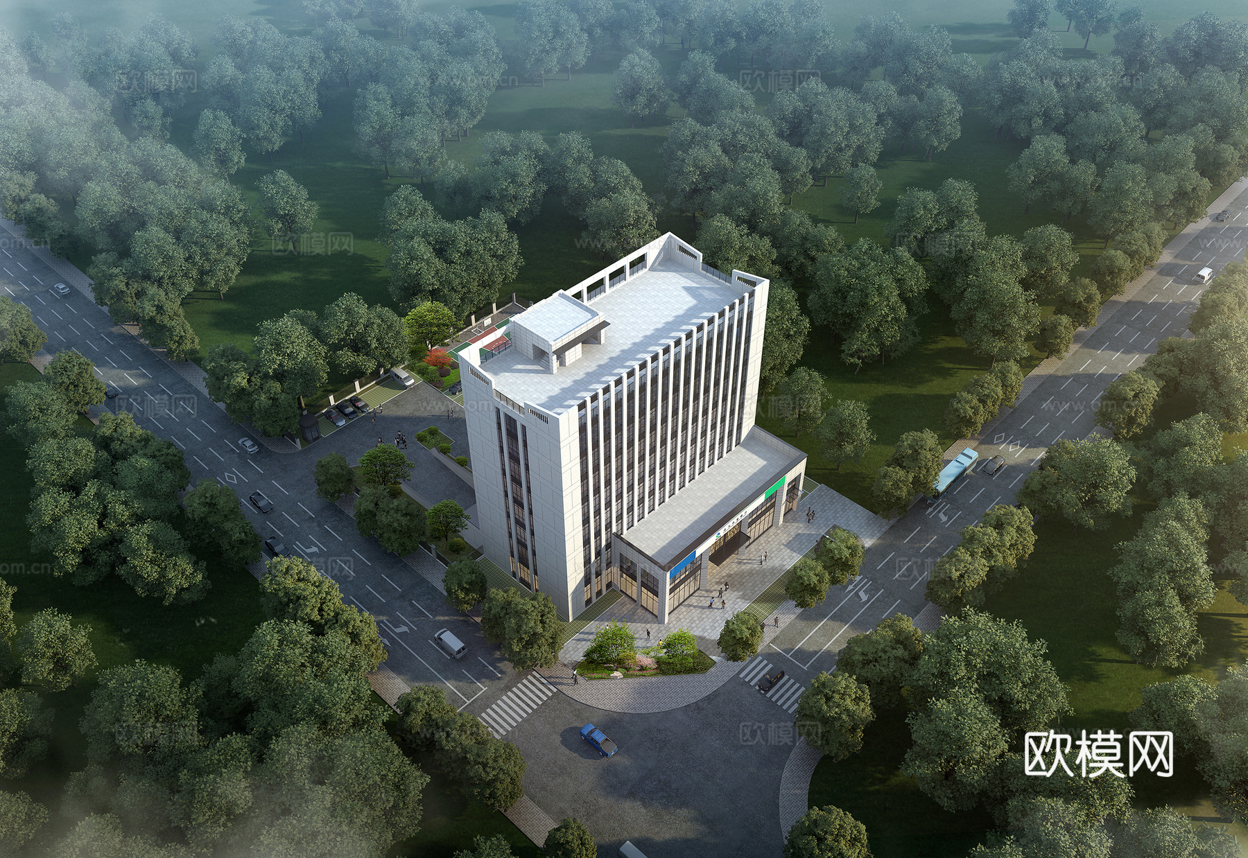 现代 建筑立面 办公楼 鸟瞰3d模型下载