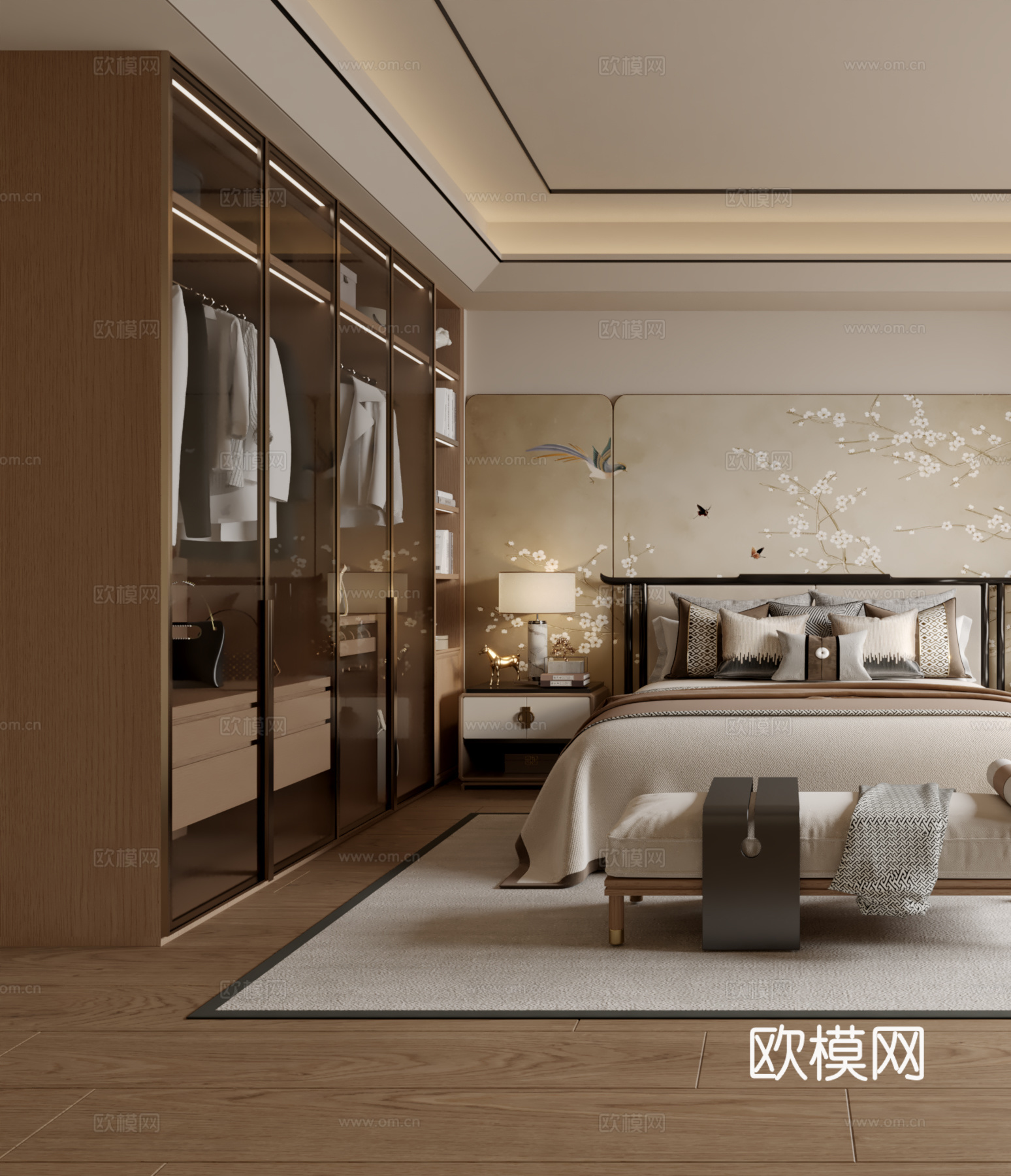 新中式卧室3d模型下载（渲染图2）