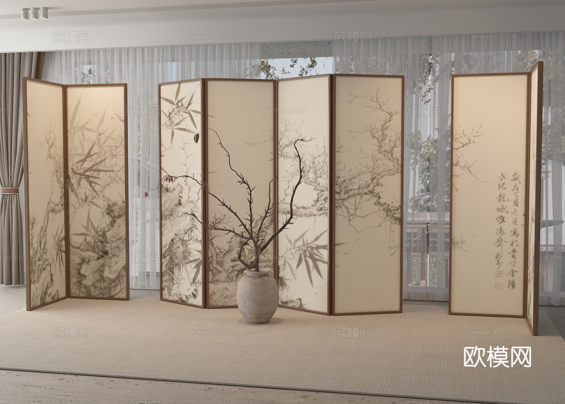 新中式屏风隔断su模型