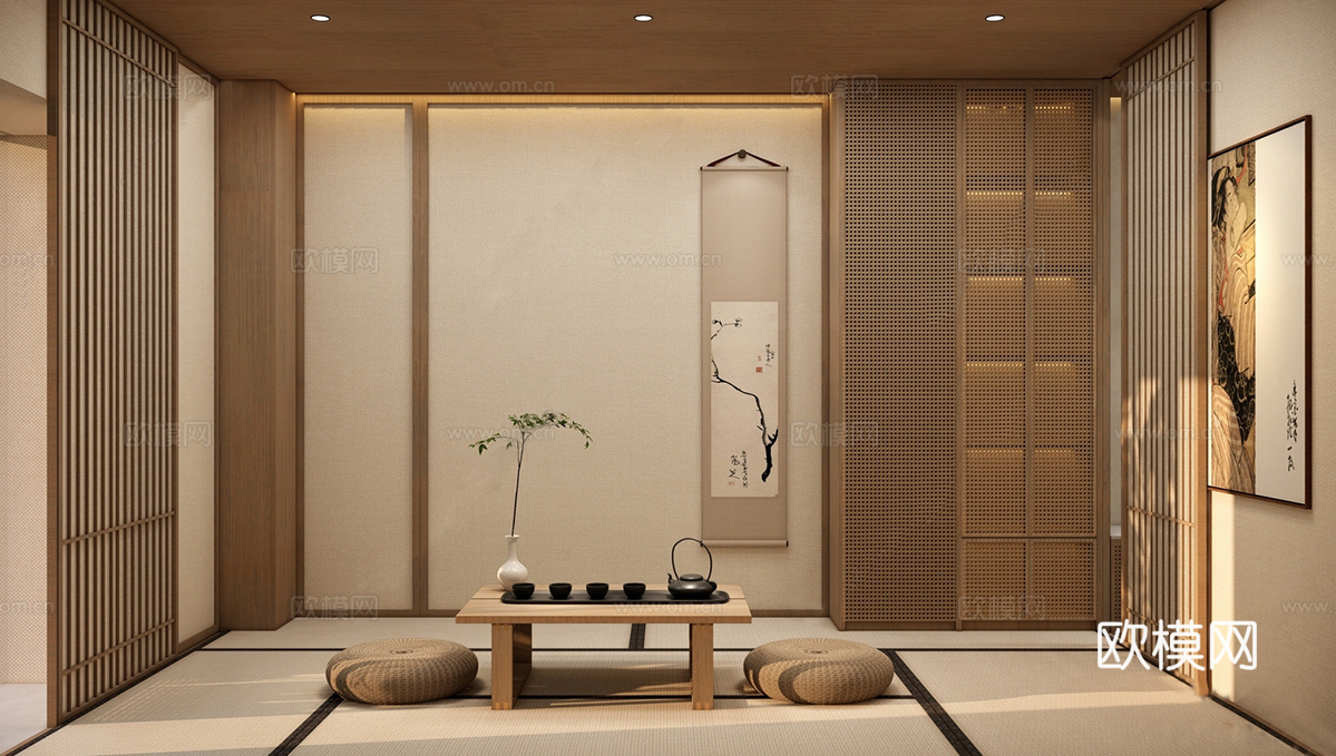 日式榻榻米茶室 茶桌组合su模型