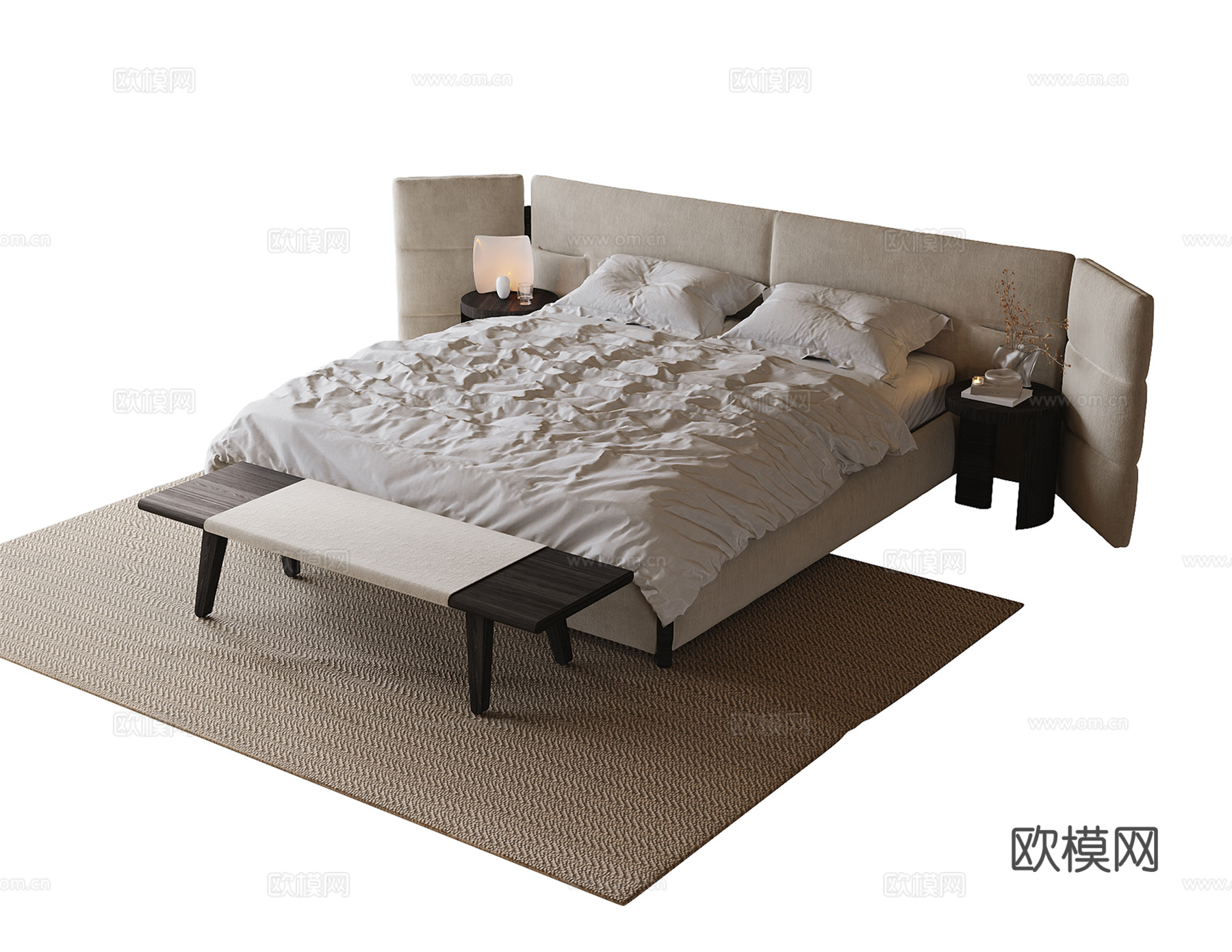 现代双人床 床尾凳 床头柜su模型