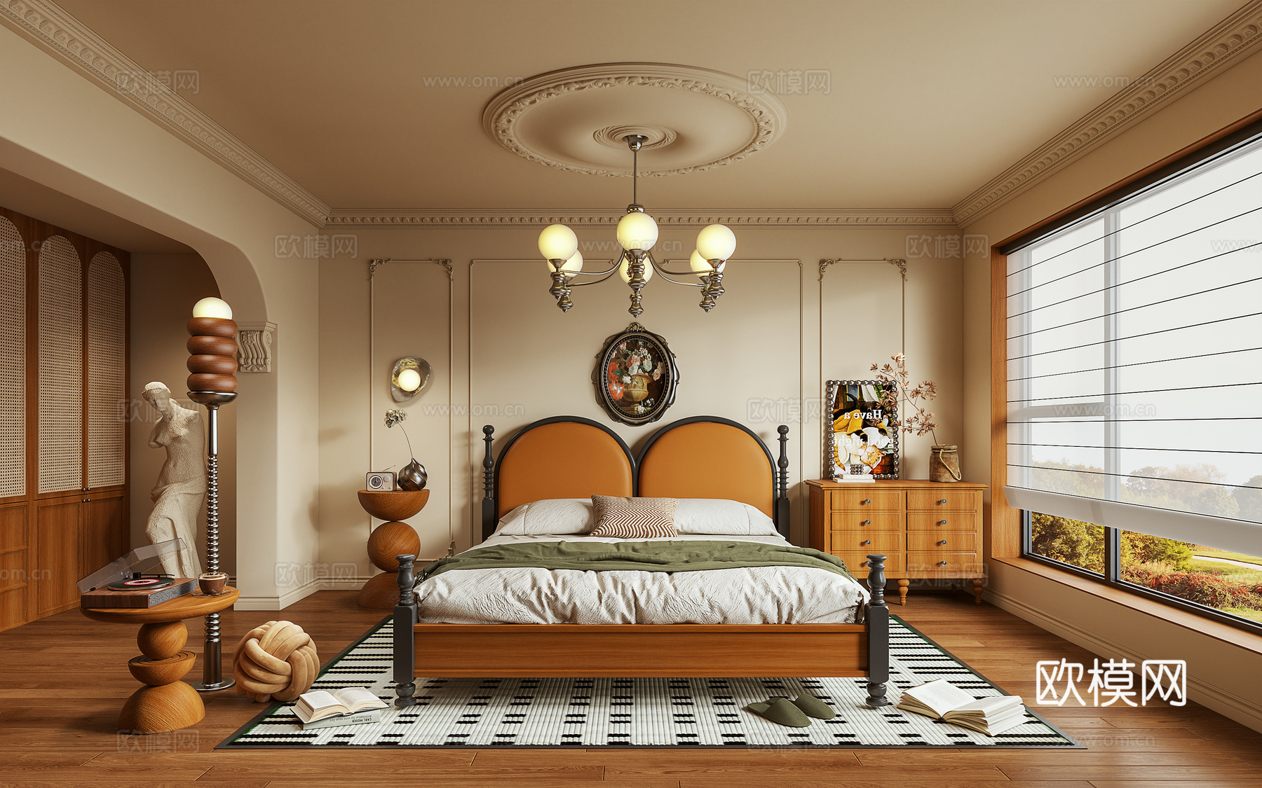 卧室 双人床 床头柜 储物柜 落地灯 摆件3d模型