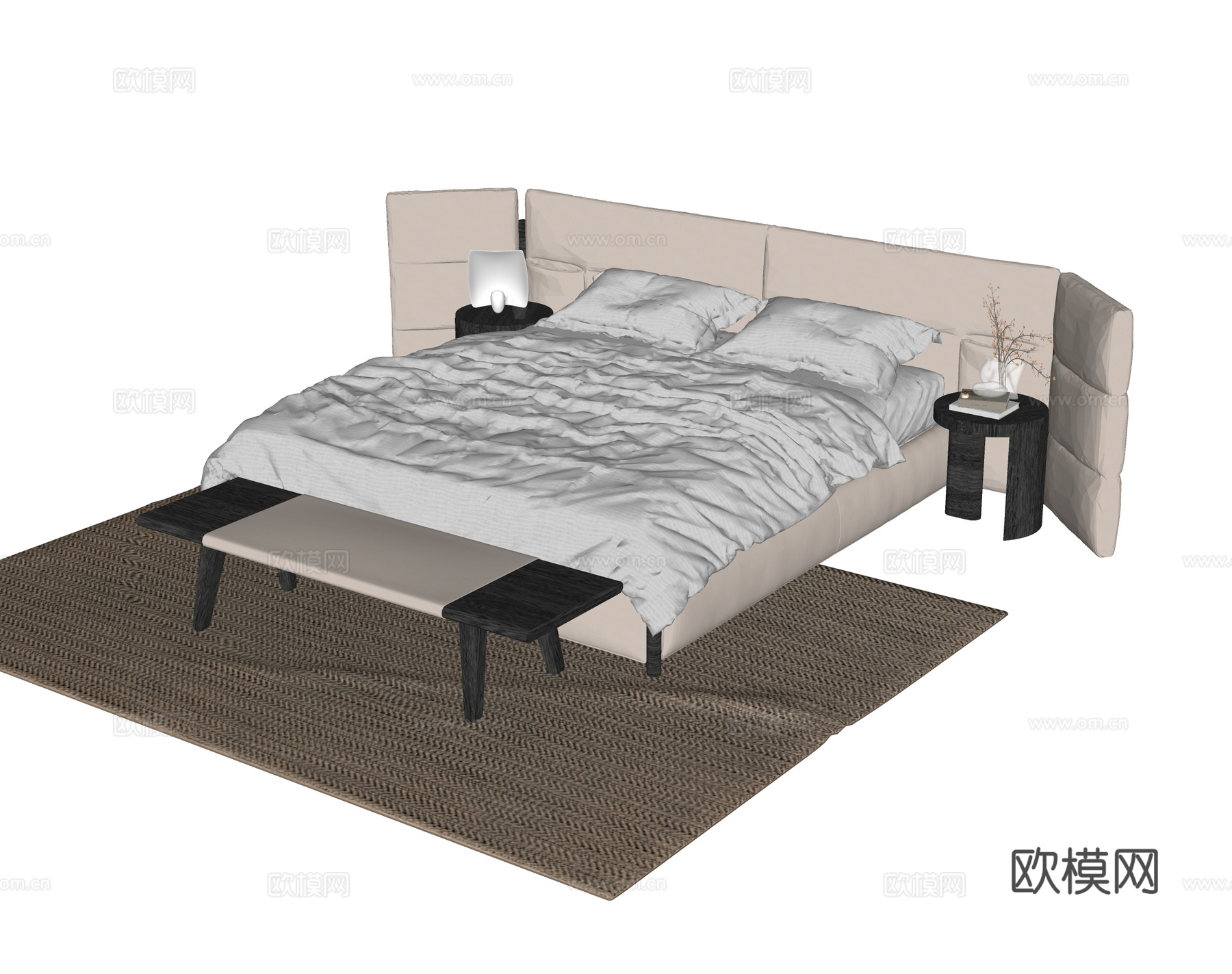 现代双人床 床尾凳 床头柜su模型