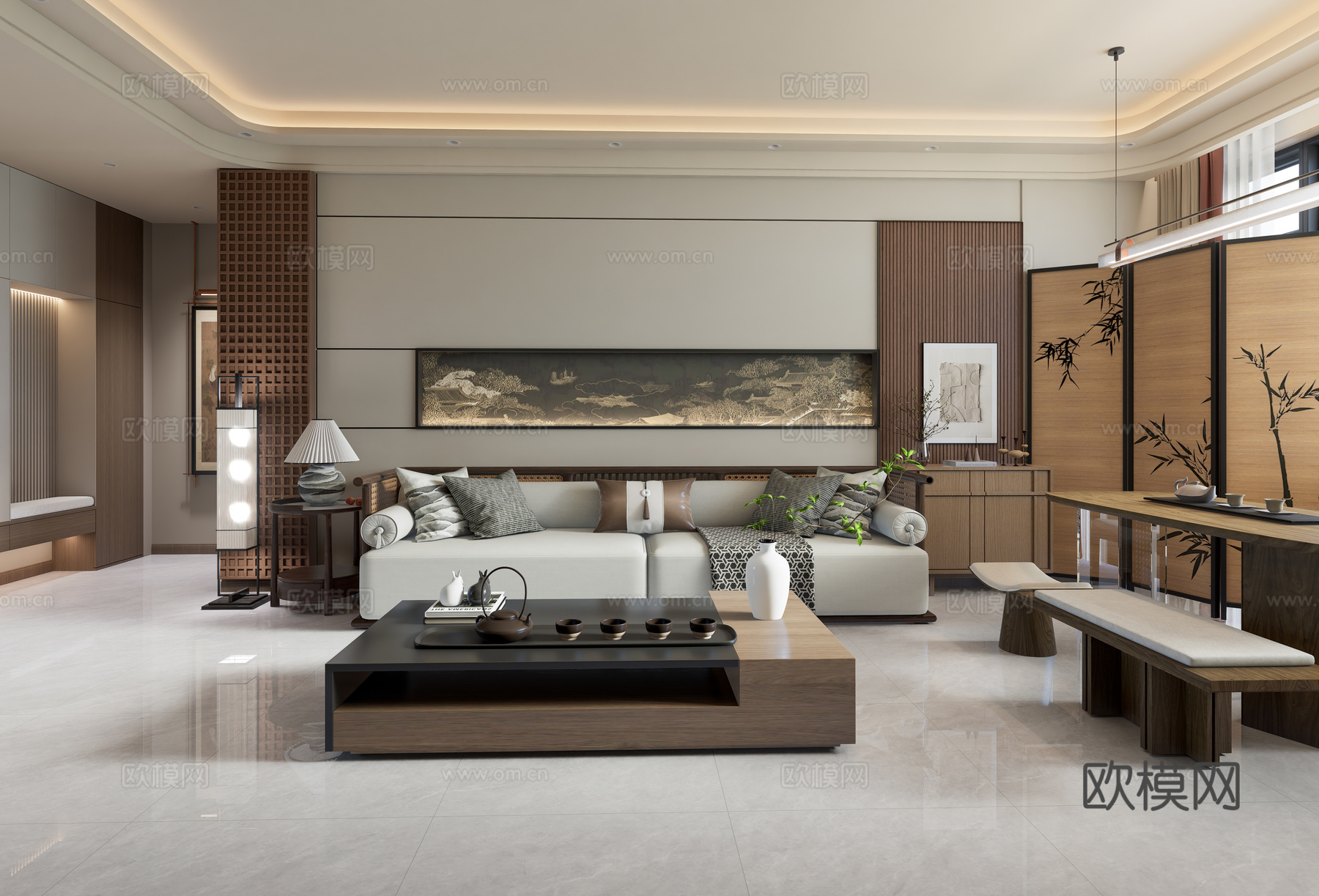 新中式禅意家居客厅su模型