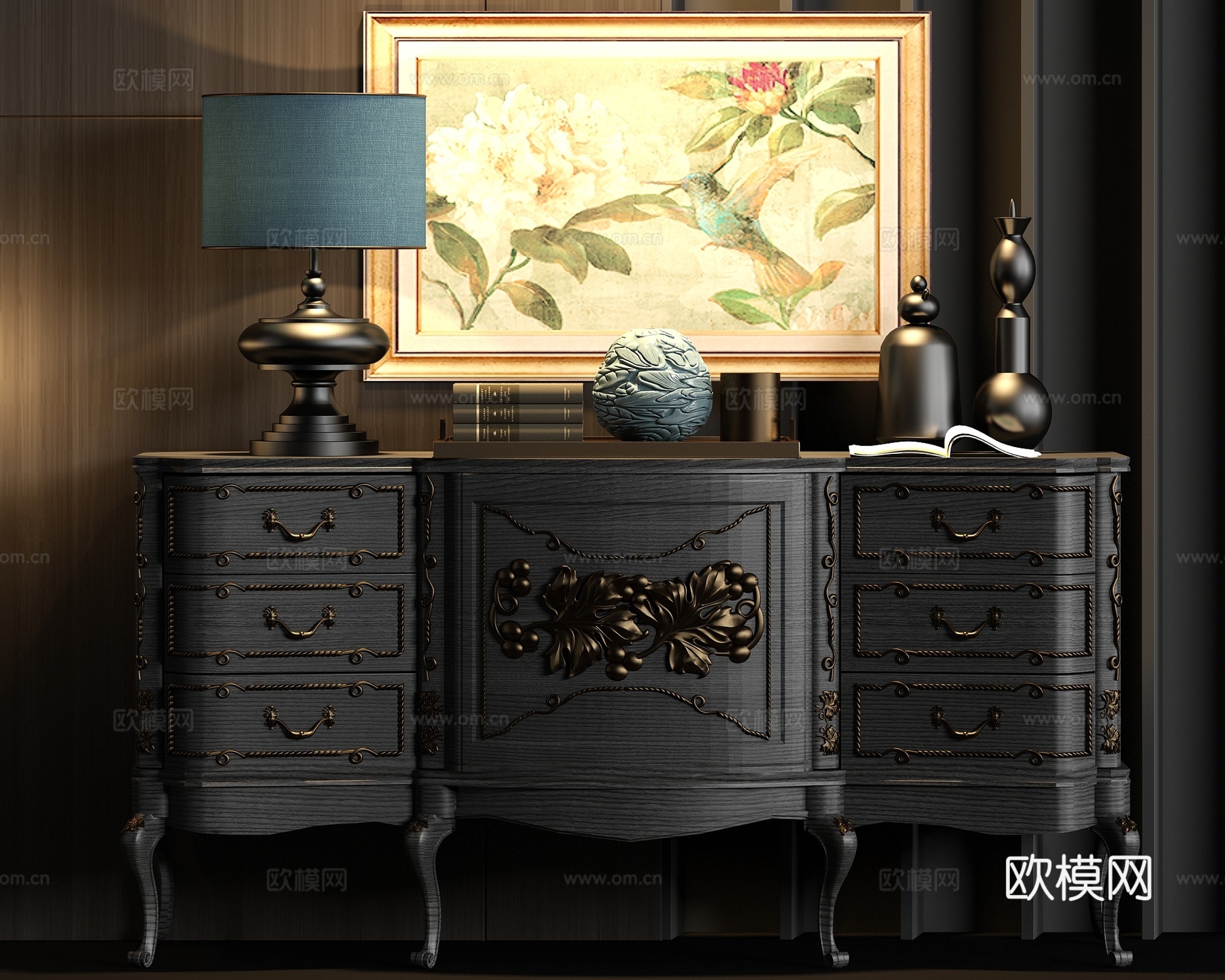 简欧实木端景柜饰品组合3d模型下载