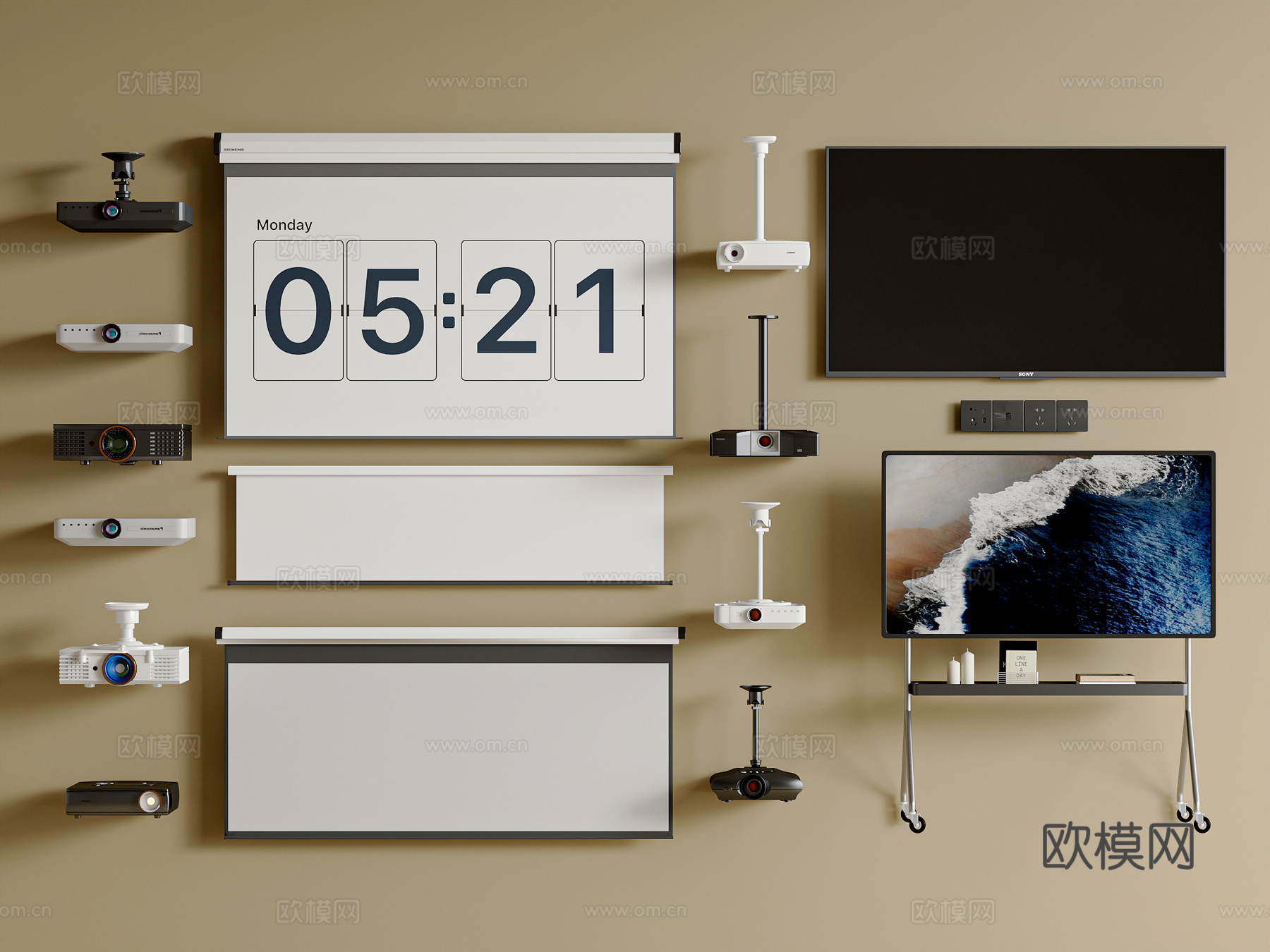 现代投影仪 投影设备 投影幕布 电视机 移动电视su模型下载（渲染图1）