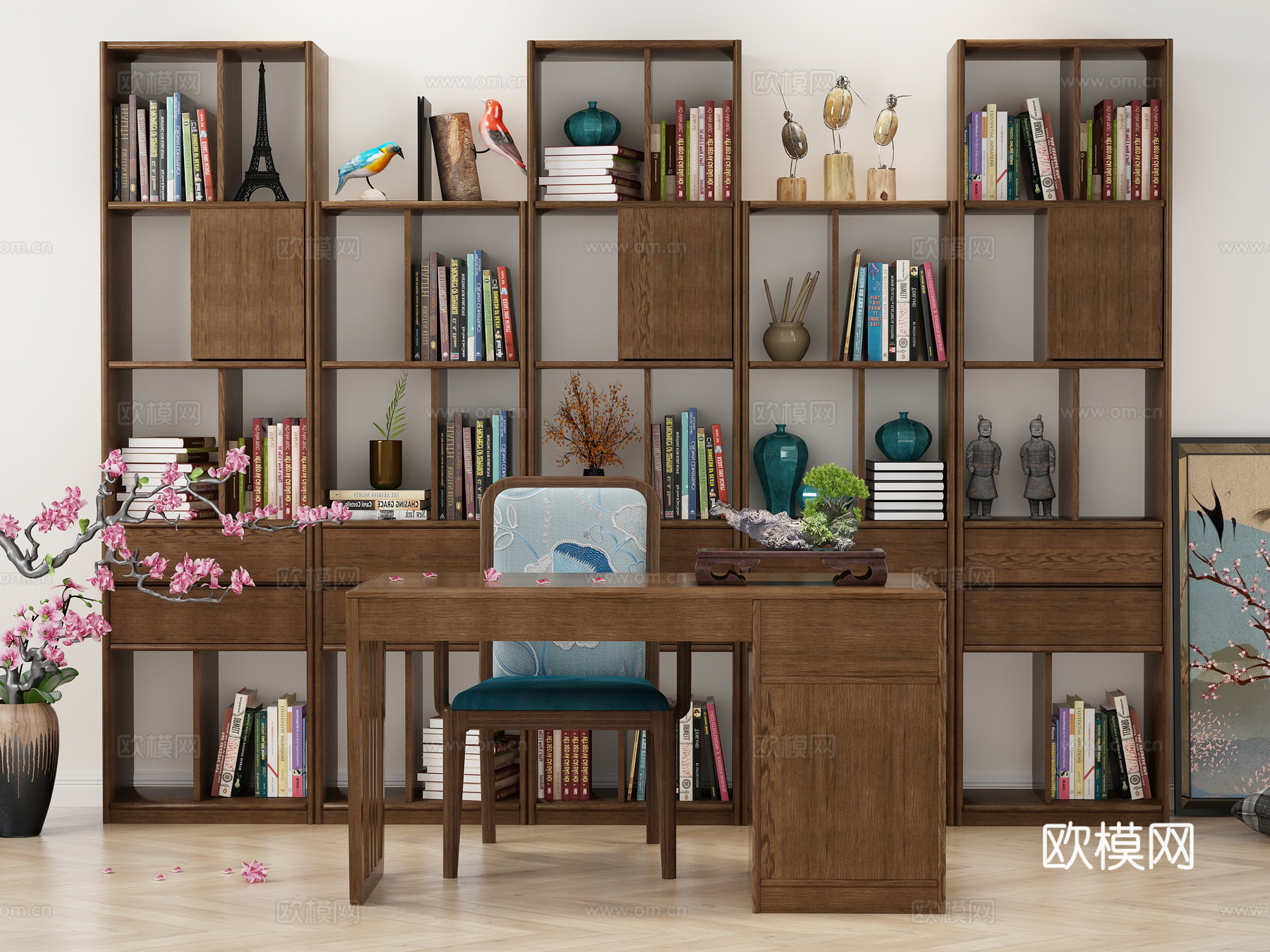 新中式书柜书桌饰品摆件组合3d模型下载