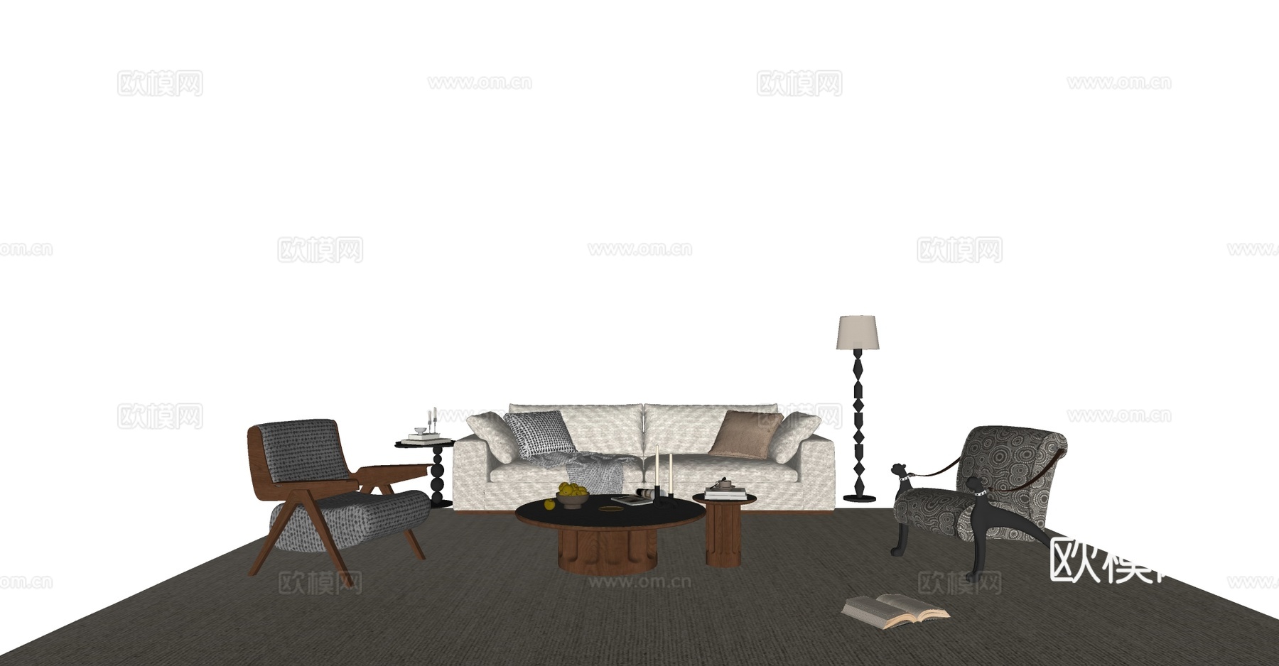中古风沙发茶几组合 客厅沙发 中古风休闲椅 落地灯 茶几su模型