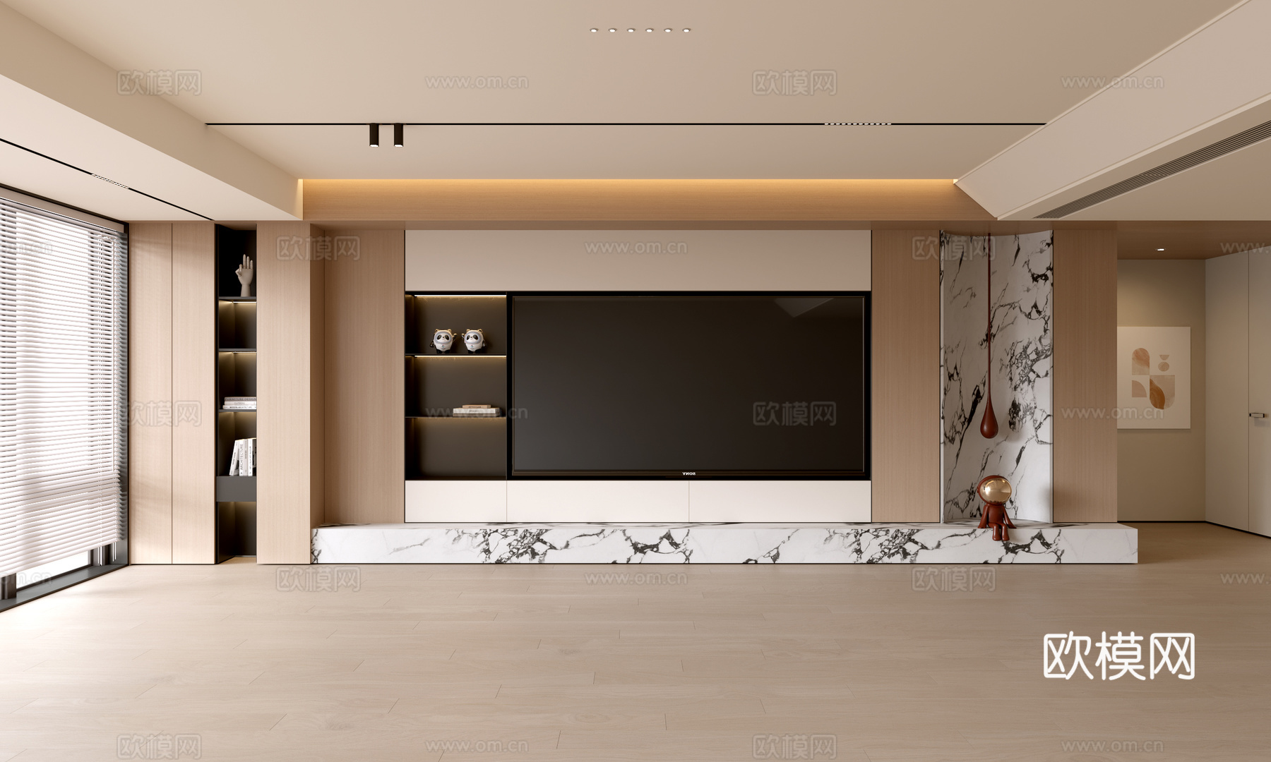 现代客厅 奶油客厅 电视背景墙 客厅背景 奶油风背景墙su模型下载（渲染图1）