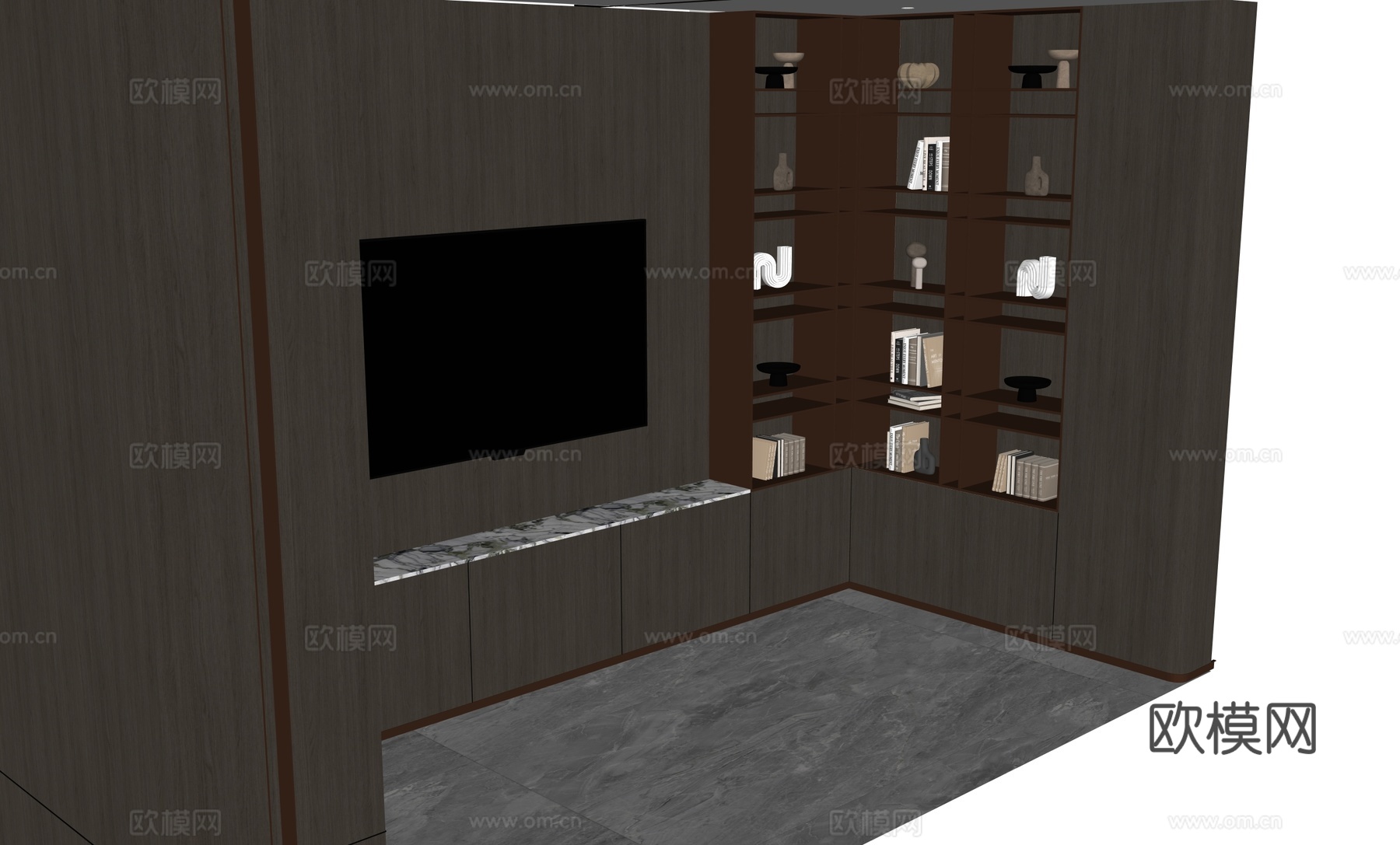 现代开放意式书柜摆件su模型