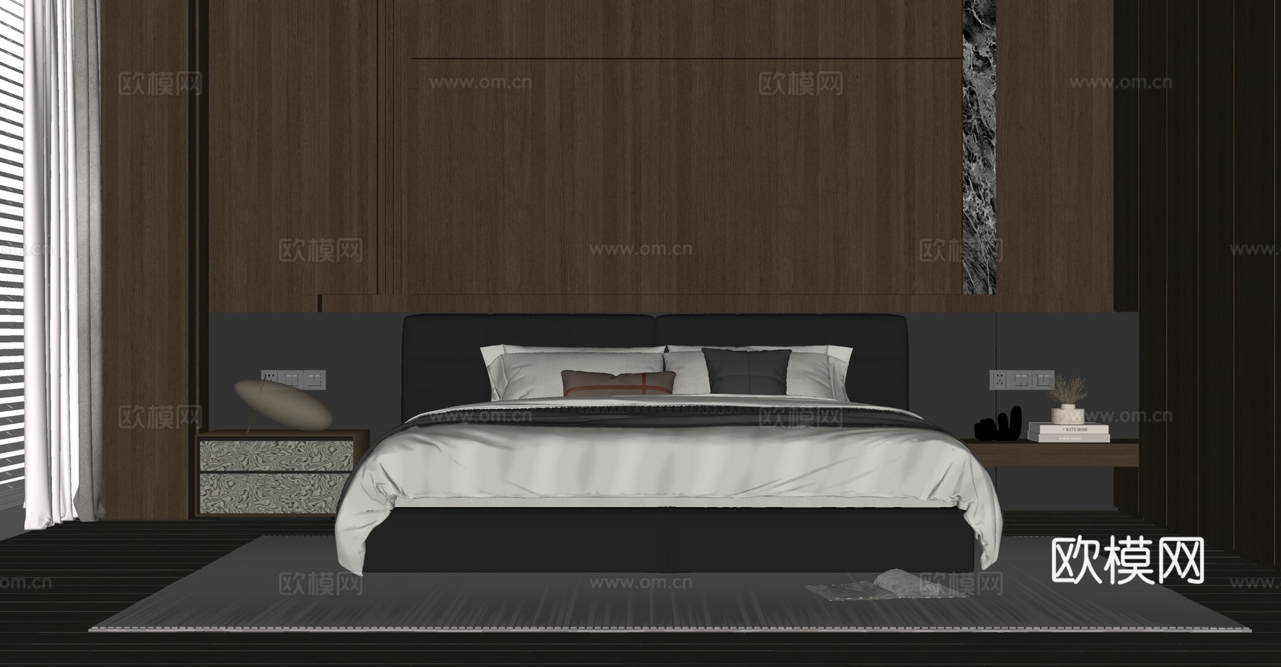 现代简约双人床 床头柜 皮质双人床 主卧床 台灯su模型