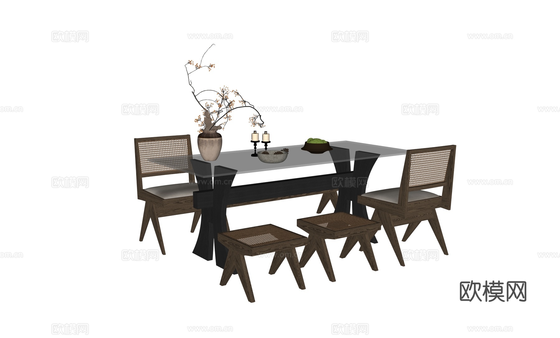 原木中古餐桌椅组合摆件su模型