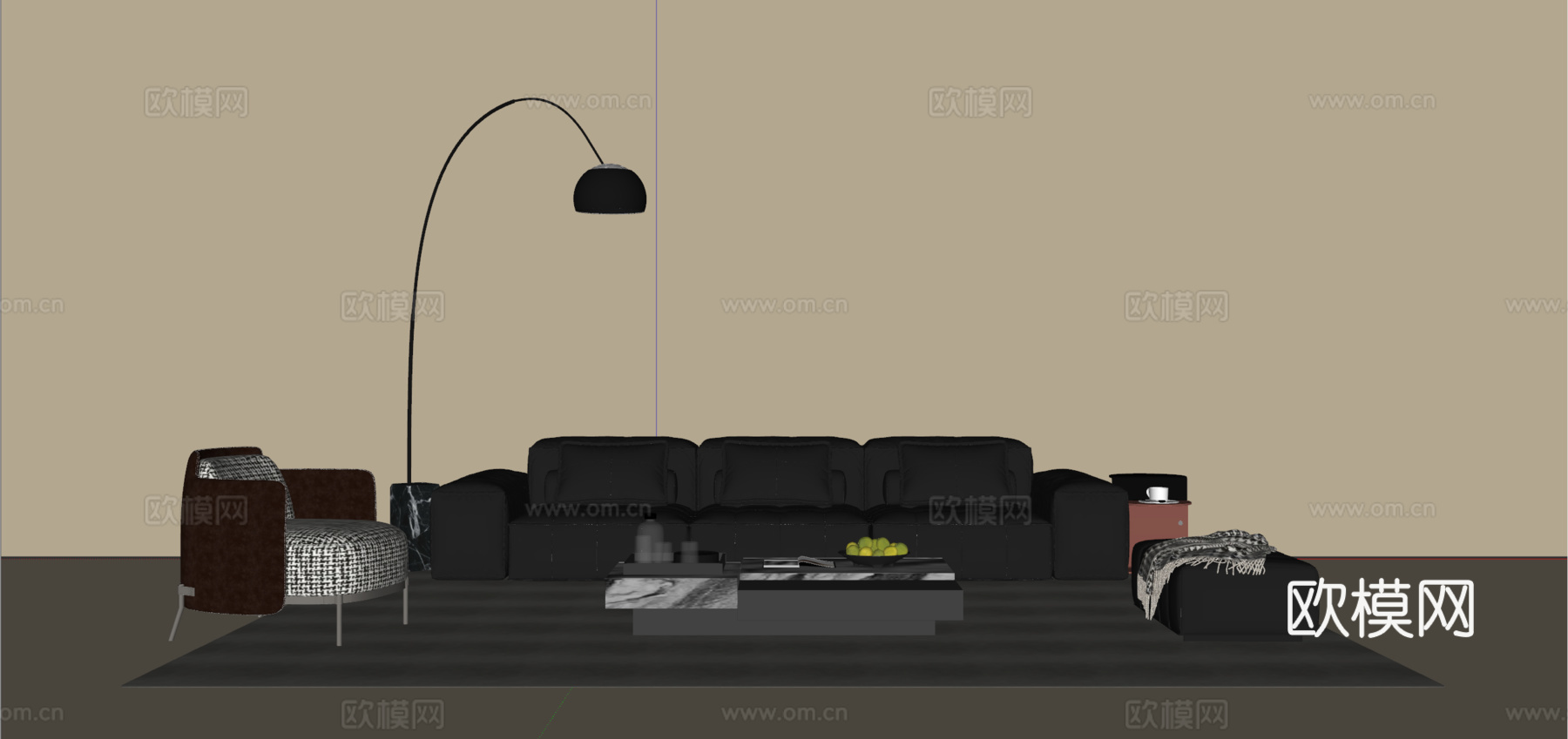 现代意式沙发茶几组合 三人沙发 休闲沙发 落地灯 地毯su模型