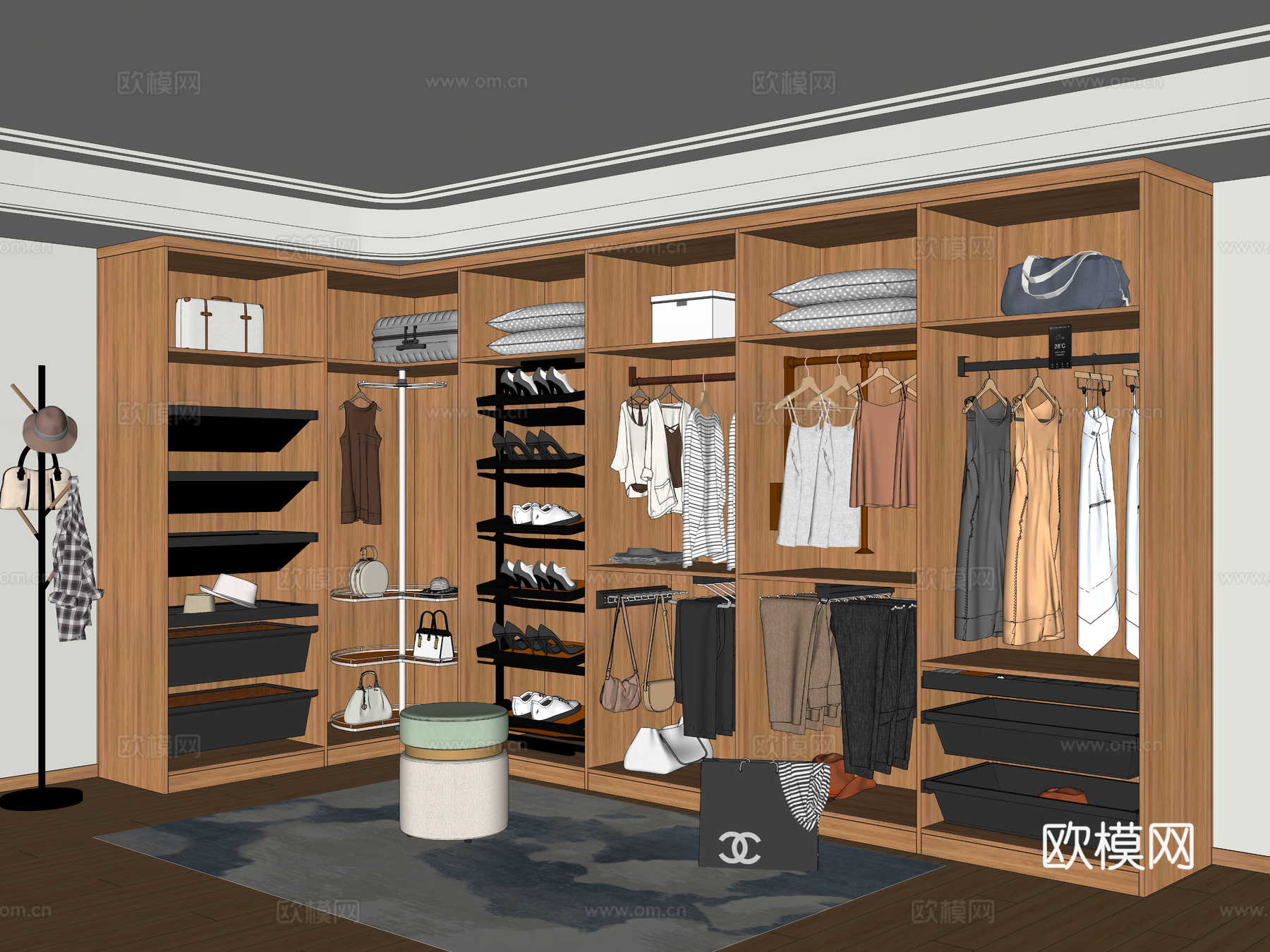 现代衣柜五金配件 旋转衣柜旋转鞋架 格子抽拉篮 裤架衣物篮su模型