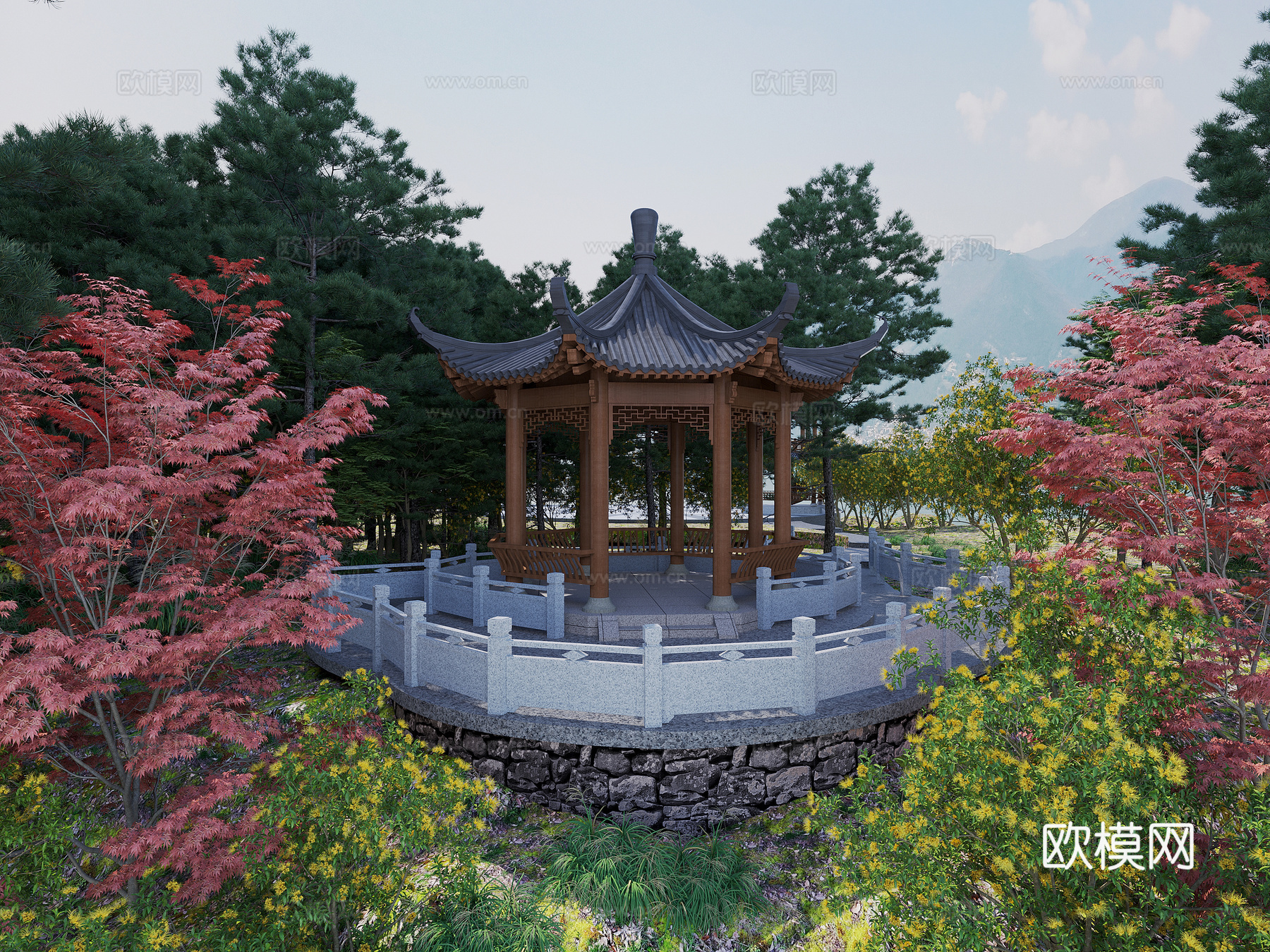 凉亭，中式凉亭3d模型下载