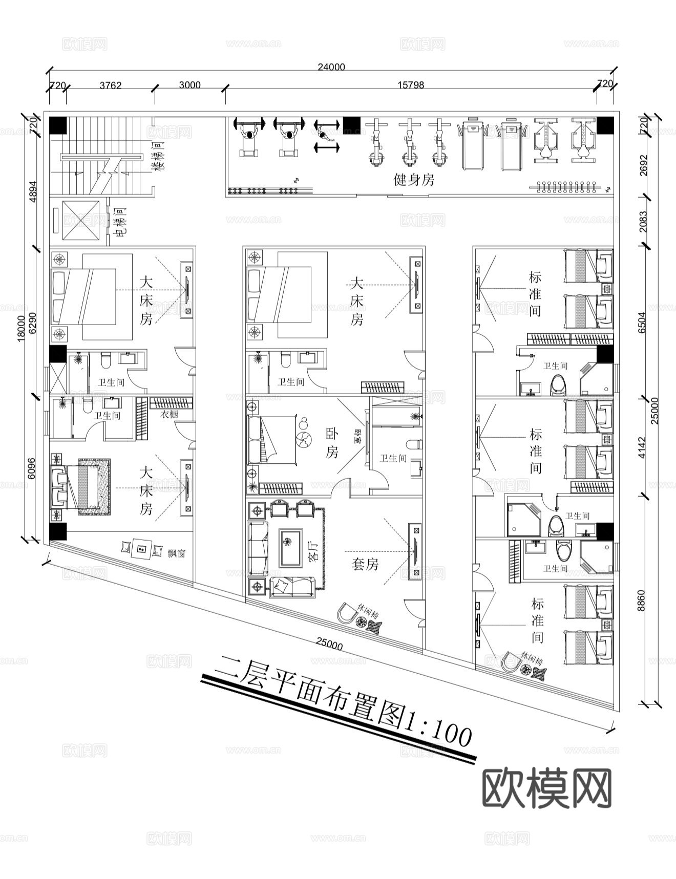 两层酒店平面布局图cad施工图