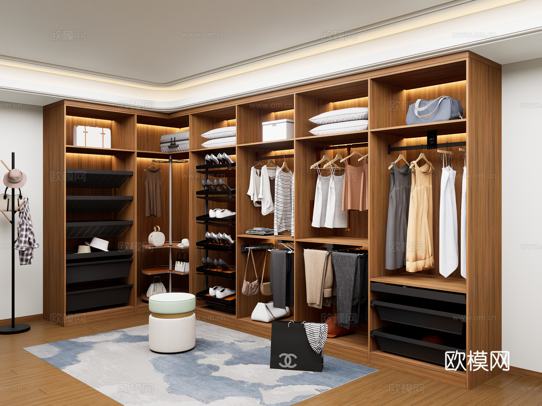 现代衣柜五金配件 旋转衣柜旋转鞋架 格子抽拉篮 裤架衣物篮su模型