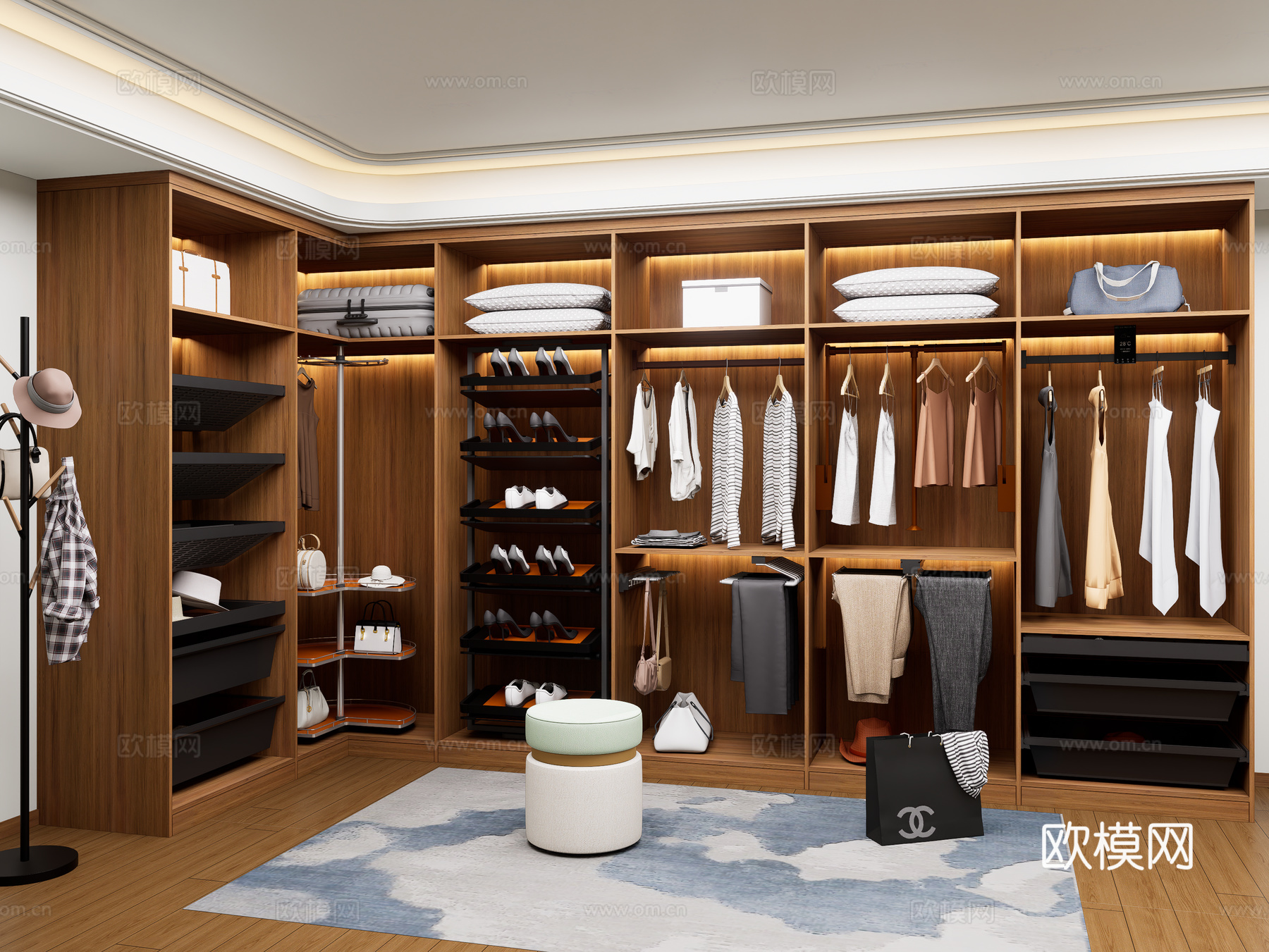 现代衣柜五金配件 旋转衣柜旋转鞋架 格子抽拉篮 裤架衣物篮su模型